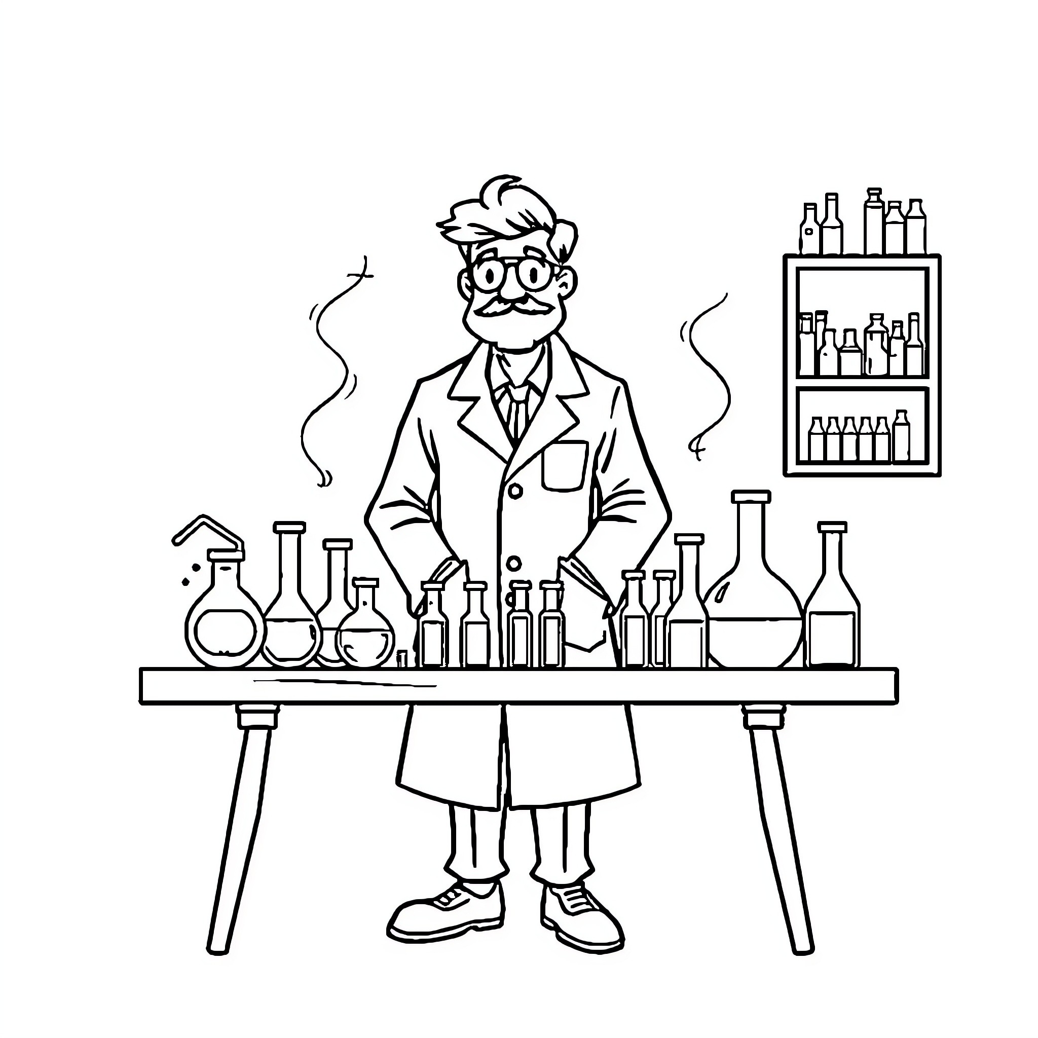 Scientist working diligently with laboratory equipment Coloring Page (free black-and-white line drawing printable PDF for all, from beginners to advanced learners, including children, teens, adults, and seniors)