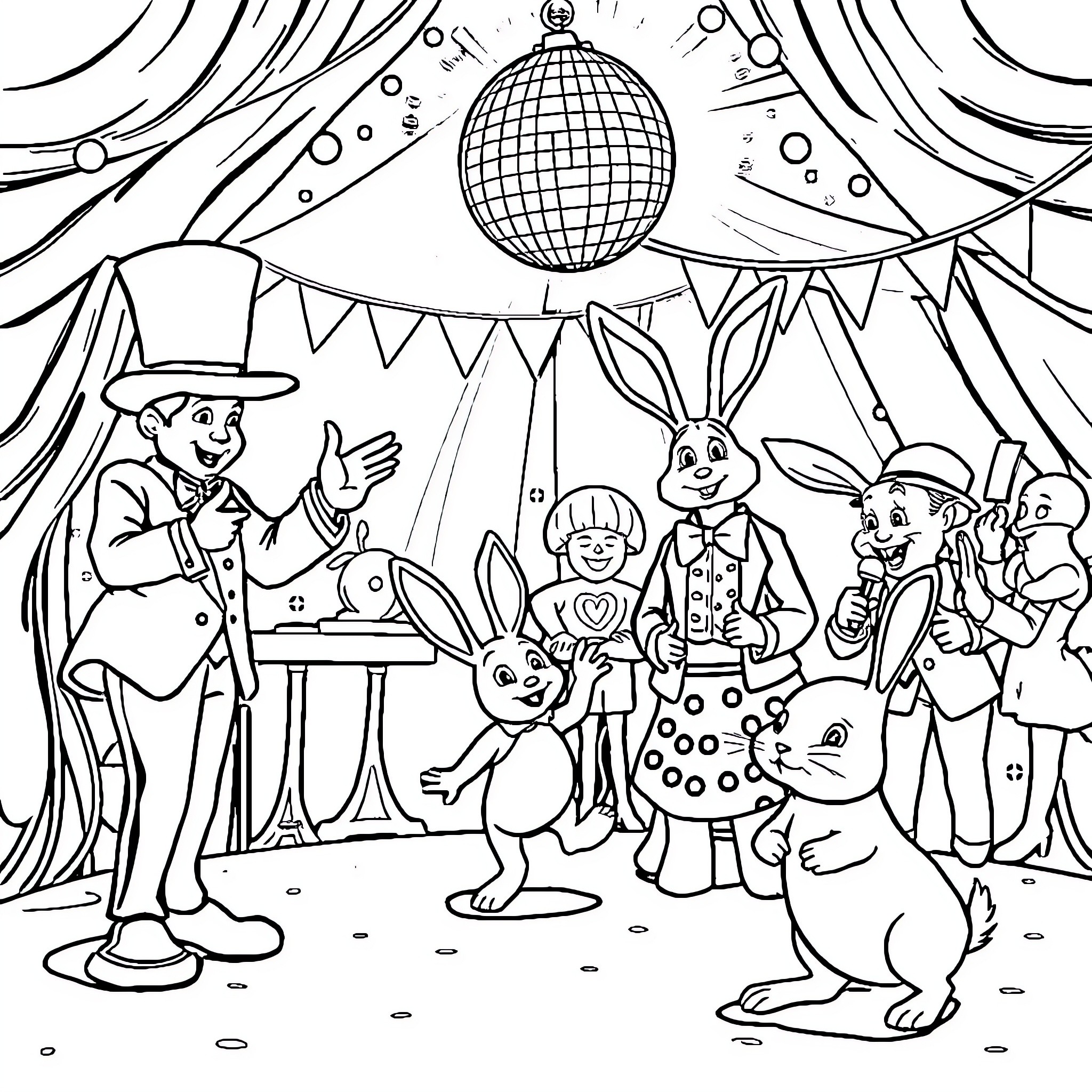 Magician performing tricks for a lively party with animals Coloring Page (free black-and-white line drawing printable PDF for all, from beginners to advanced learners, including children, teens, adults, and seniors)