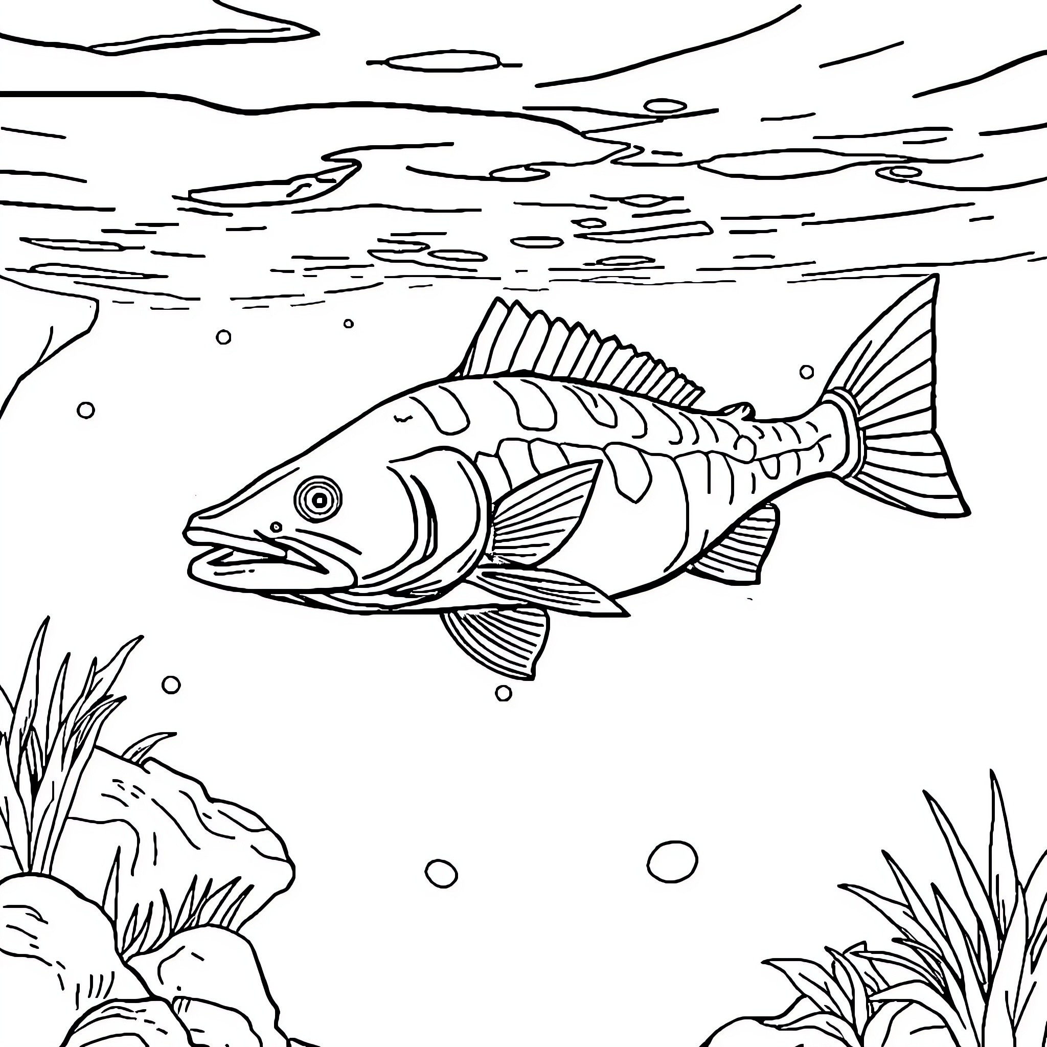 Catfish swimming through underwater scenery Coloring Page (free black-and-white line drawing printable PDF for all, from beginners to advanced learners, including children, teens, adults, and seniors)