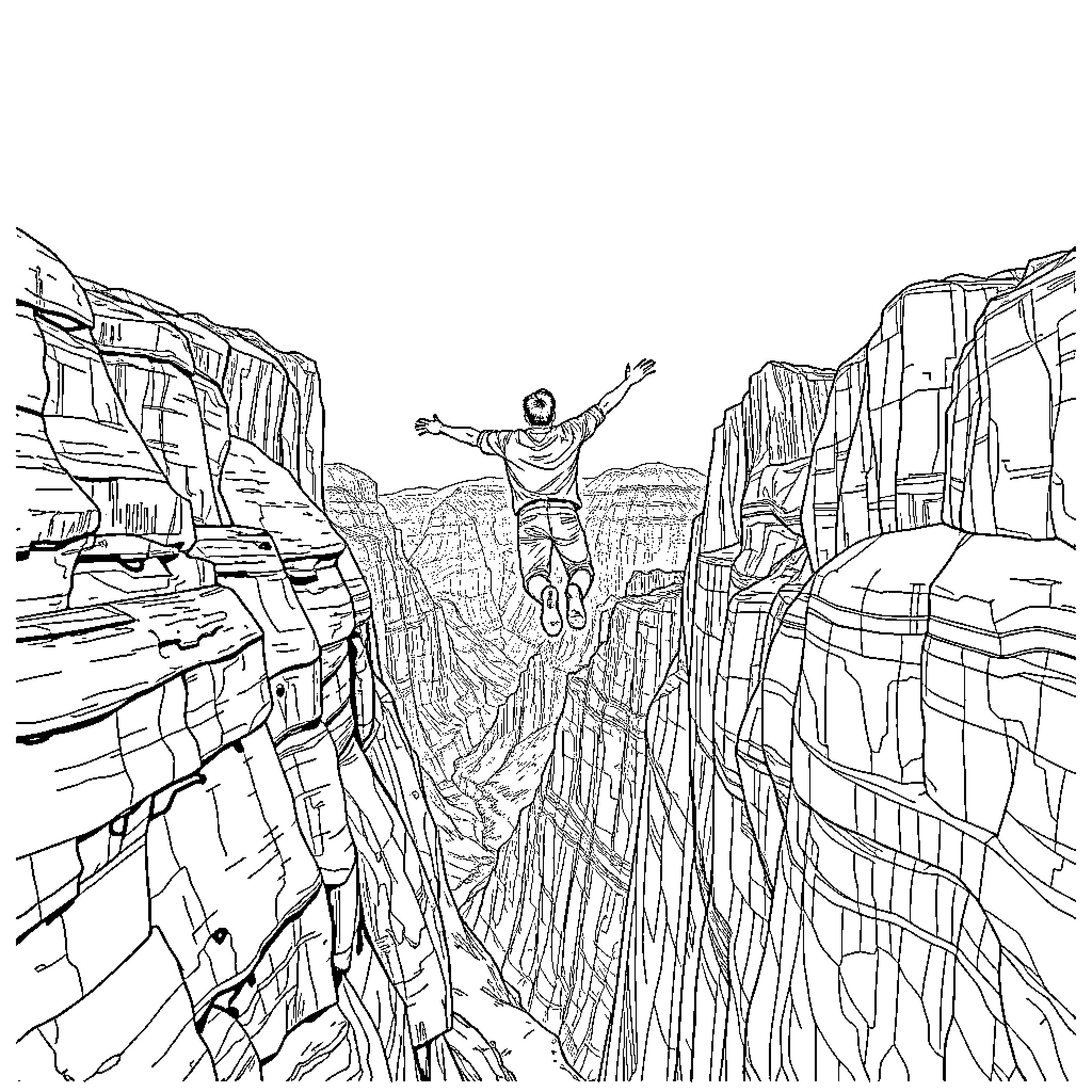 Man in midair on a tightrope between rocky cliffs Coloring Page (free black-and-white line drawing printable PDF for all, from beginners to advanced learners, including children, teens, adults, and seniors)