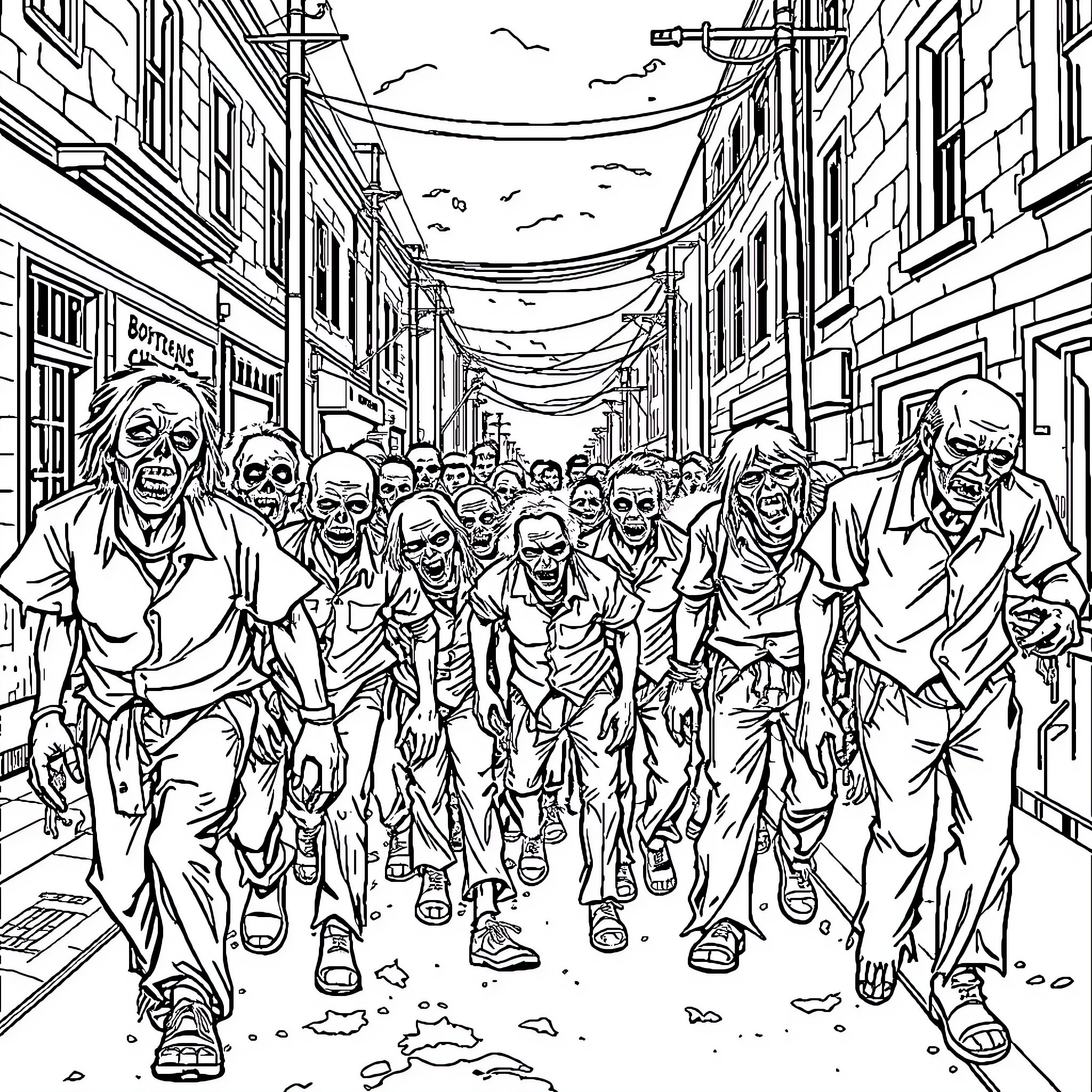 Zombie horde invading the city streets Coloring Page (free black-and-white line drawing printable PDF for all, from beginners to advanced learners, including children, teens, adults, and seniors)