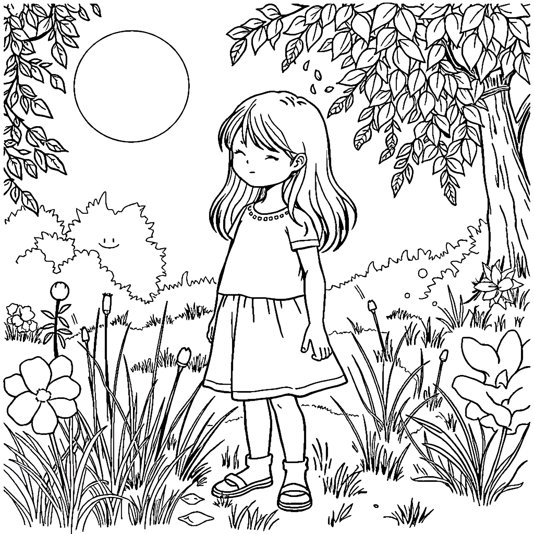 Girl enjoying a peaceful day outdoors Coloring Page (free black-and-white line drawing printable PDF for all, from beginners to advanced learners, including children, teens, adults, and seniors)
