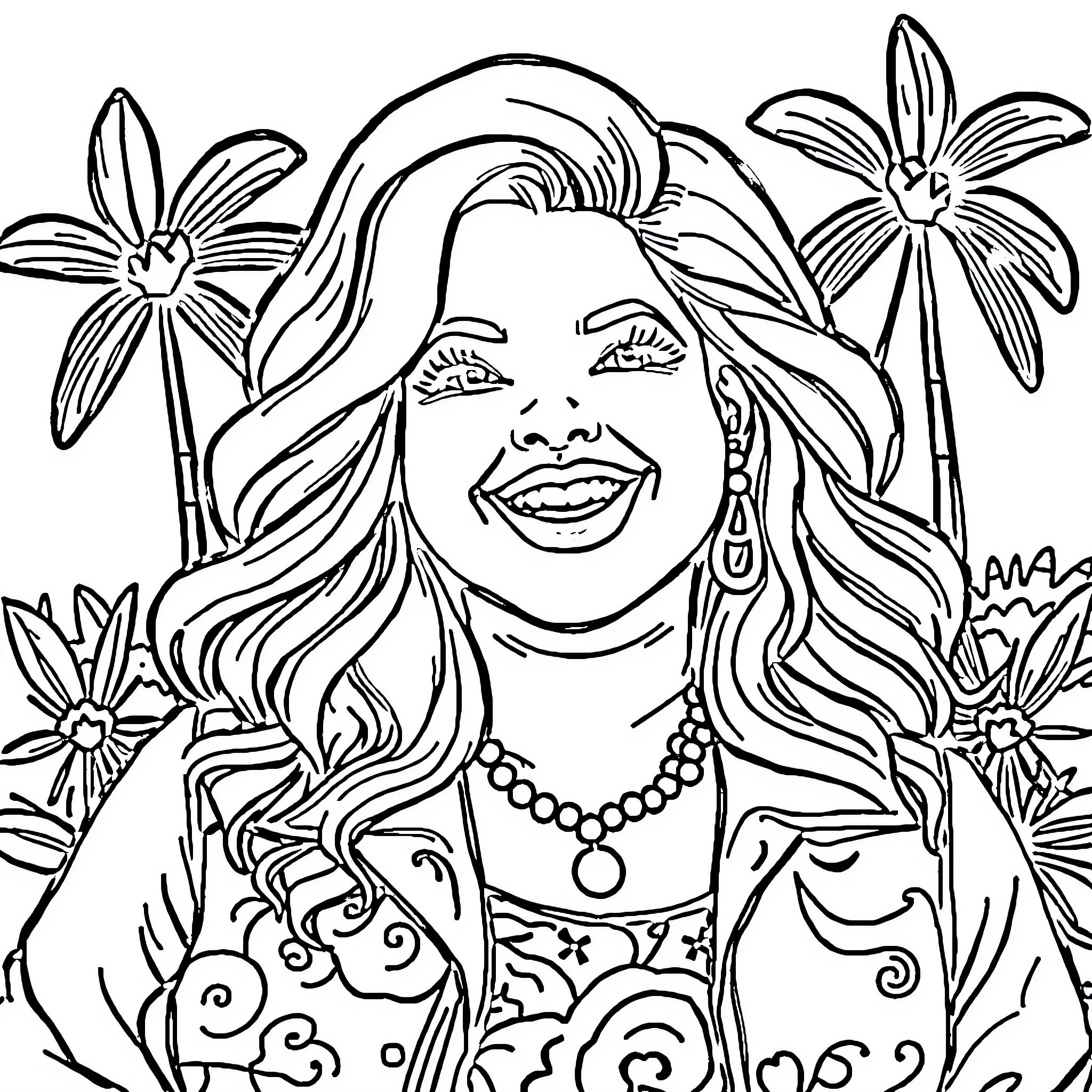 Trisha Paytas posing joyfully amidst floral surroundings Coloring Page (free black-and-white line drawing printable PDF for all, from beginners to advanced learners, including children, teens, adults, and seniors)