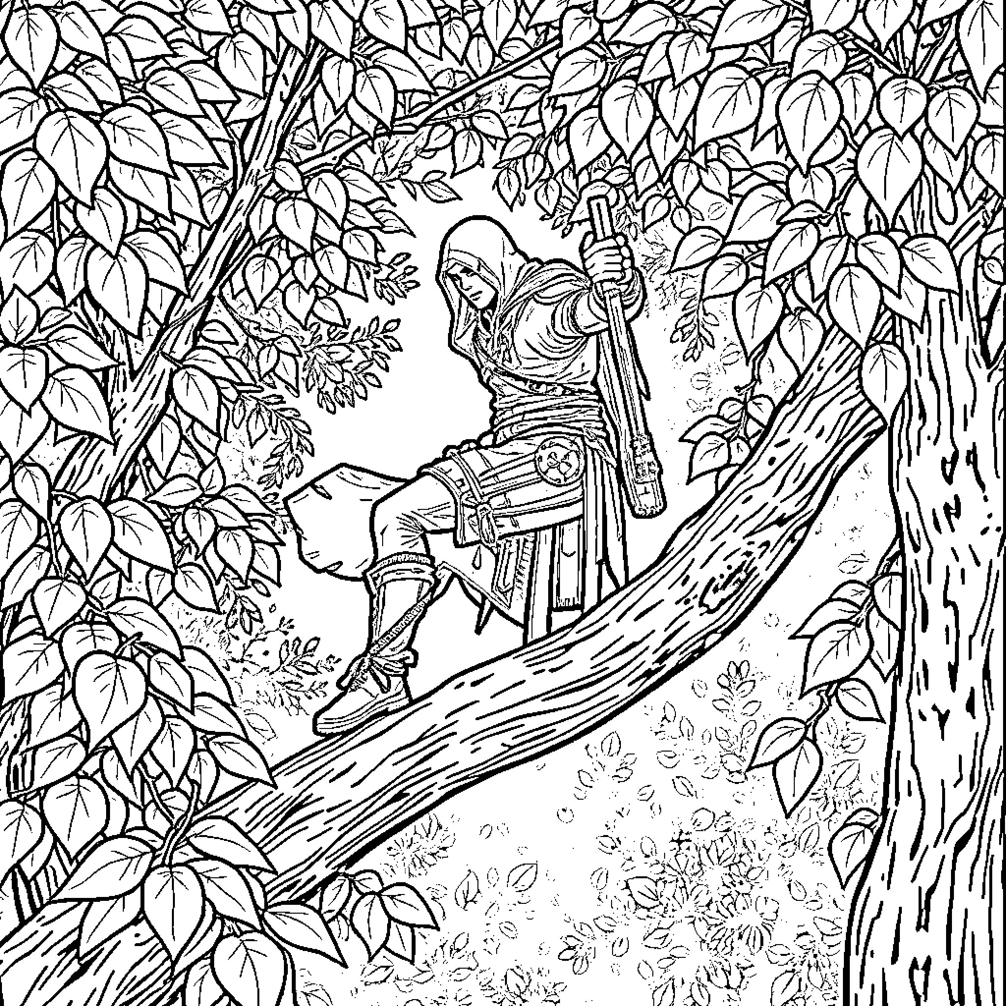 Connor's Enchanting Forest Adventure Coloring Page (free black-and-white line drawing printable PDF for all, from beginners to advanced learners, including children, teens, adults, and seniors)