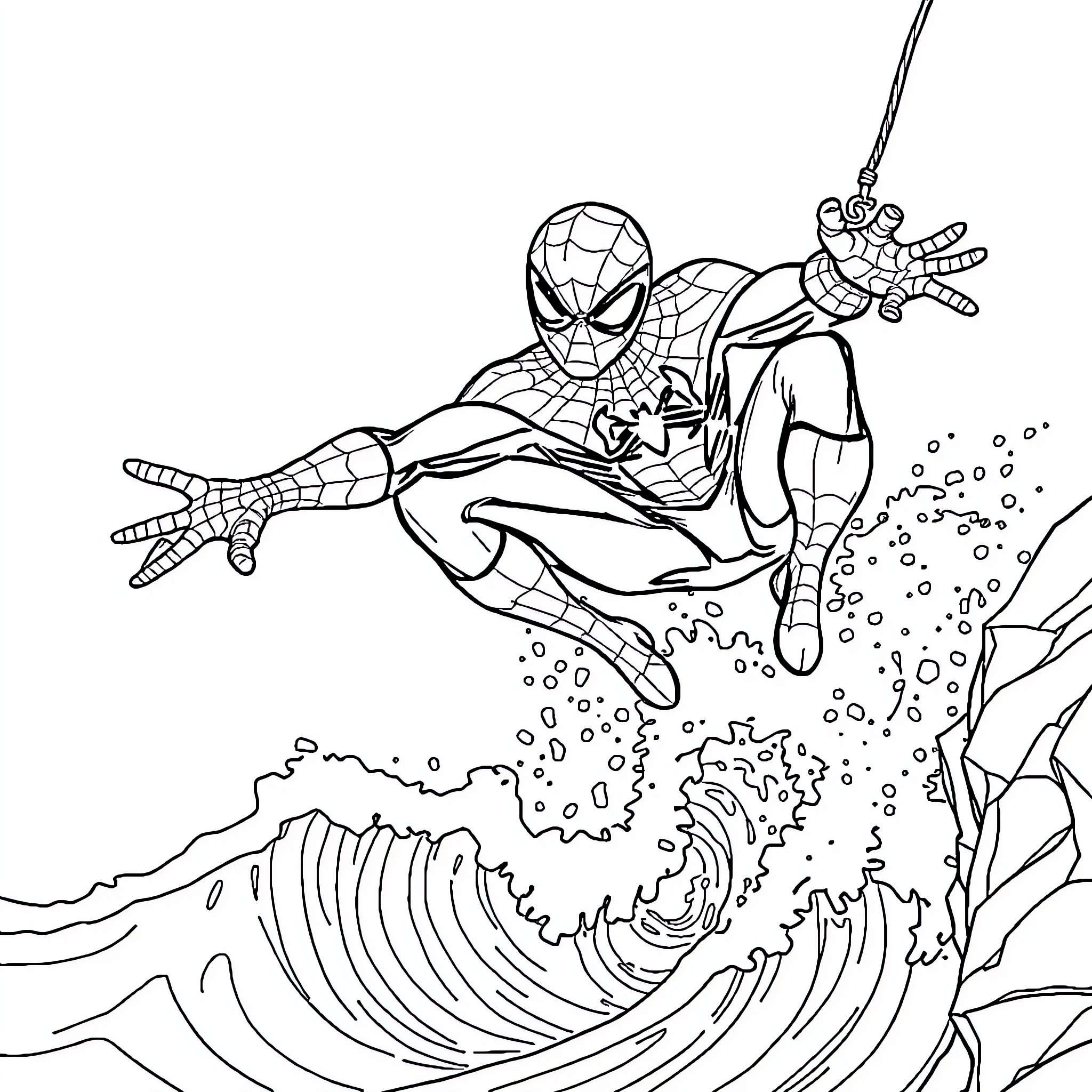 Spiderman swinging through the air with waves Coloring Page (free black-and-white line drawing printable PDF for all, from beginners to advanced learners, including children, teens, adults, and seniors)