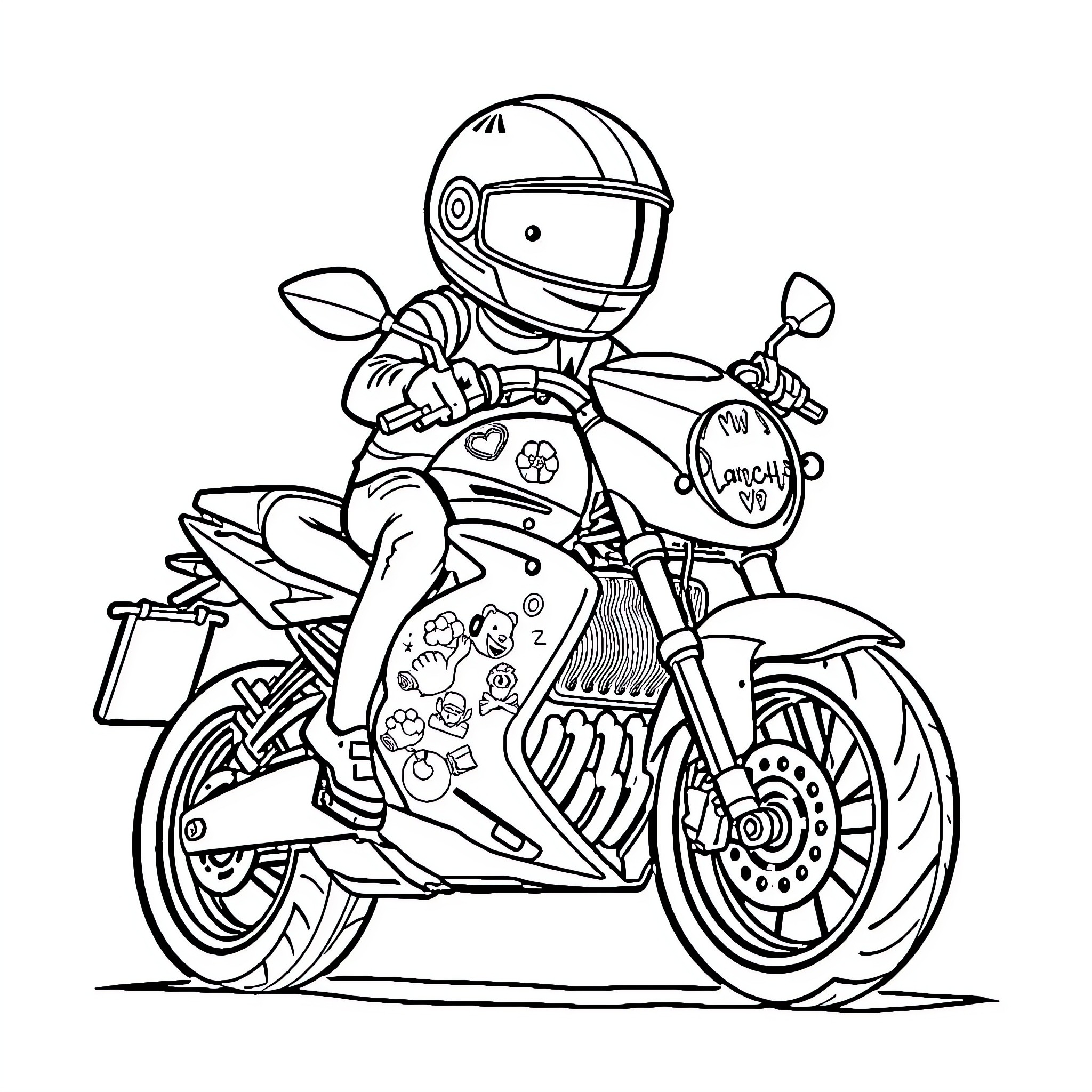 Motorbike rider in colorful suit riding fast on the road Coloring Page (free black-and-white line drawing printable PDF for all, from beginners to advanced learners, including children, teens, adults, and seniors)