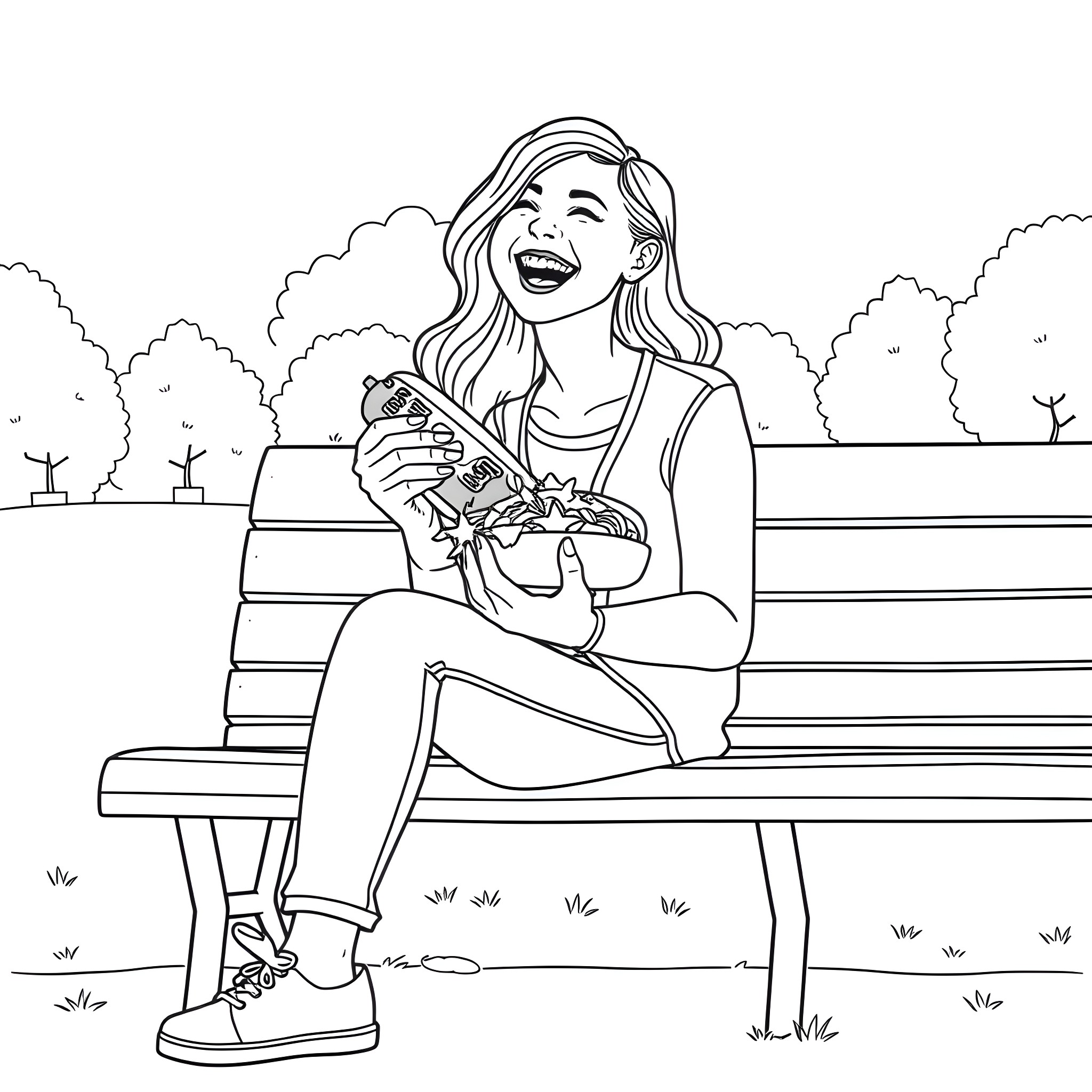 Woman joyfully playing with small pet on bench Coloring Page (free black-and-white line drawing printable PDF for all, from beginners to advanced learners, including children, teens, adults, and seniors)