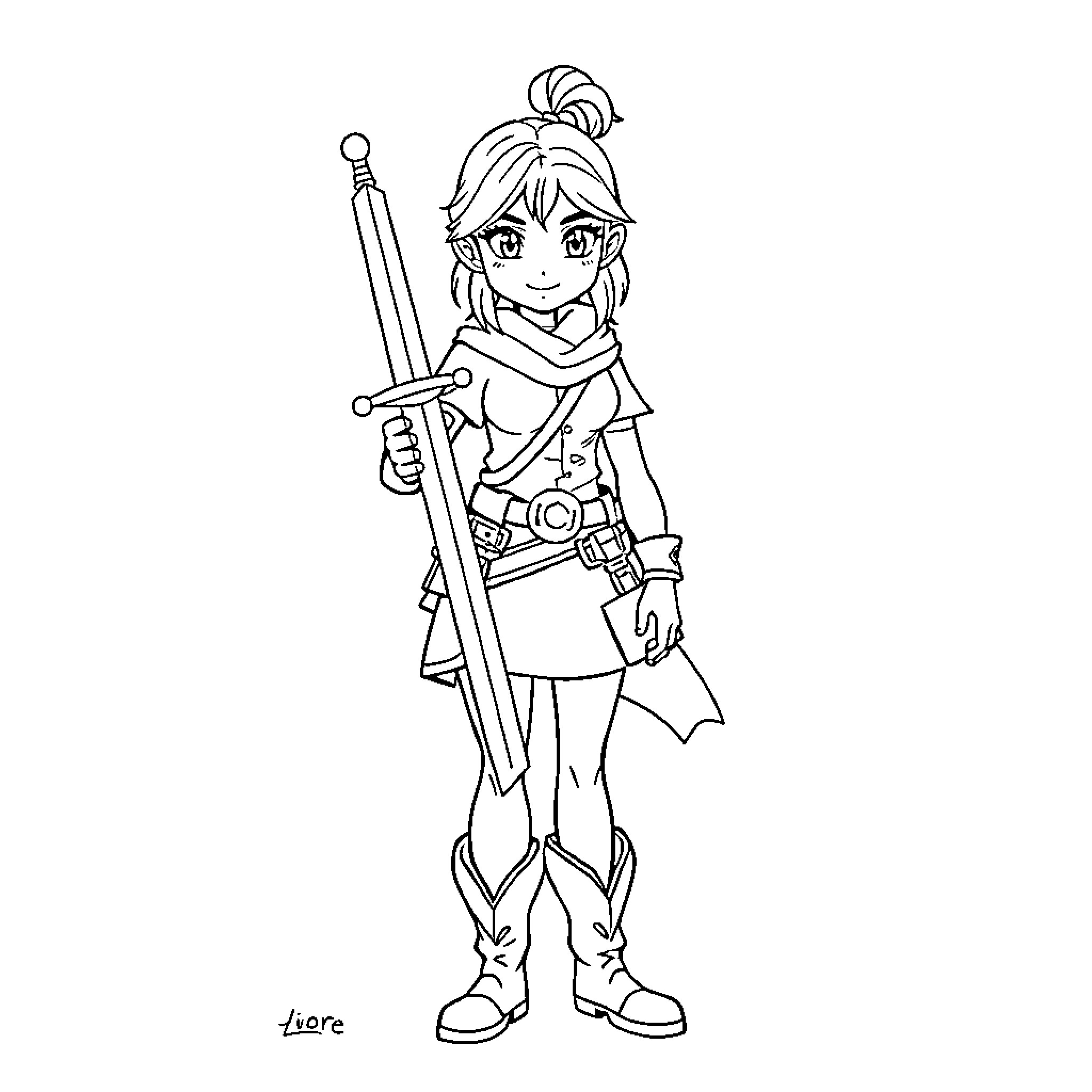 Roomie adventurer with sword and gear Coloring Page (free black-and-white line drawing printable PDF for all, from beginners to advanced learners, including children, teens, adults, and seniors)