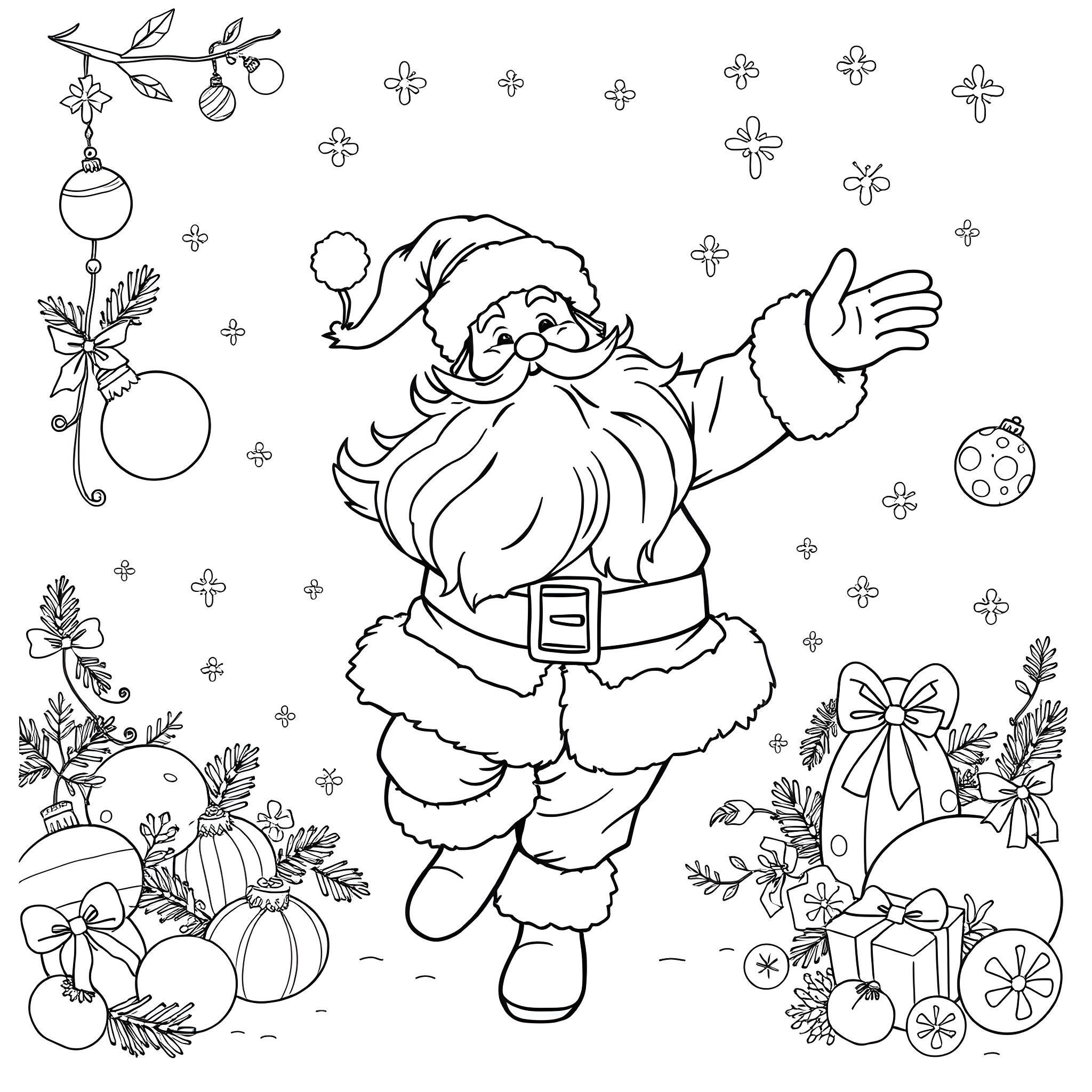 Santa Claus Joyfully Celebrating Christmas Coloring Page (free black-and-white line drawing printable PDF for all, from beginners to advanced learners, including children, teens, adults, and seniors)