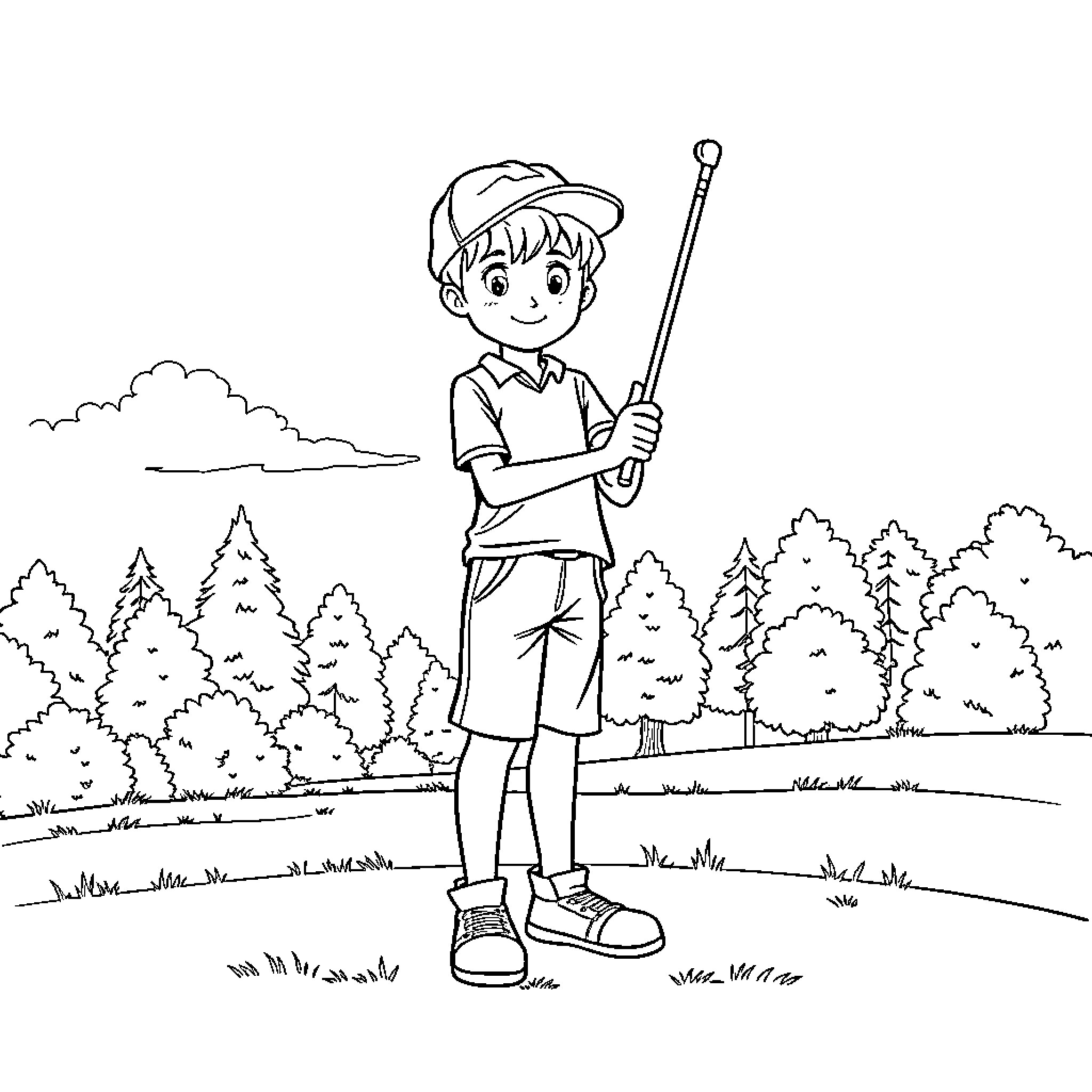 Boy exploring the outdoors with a stick Coloring Page (free black-and-white line drawing printable PDF for all, from beginners to advanced learners, including children, teens, adults, and seniors)