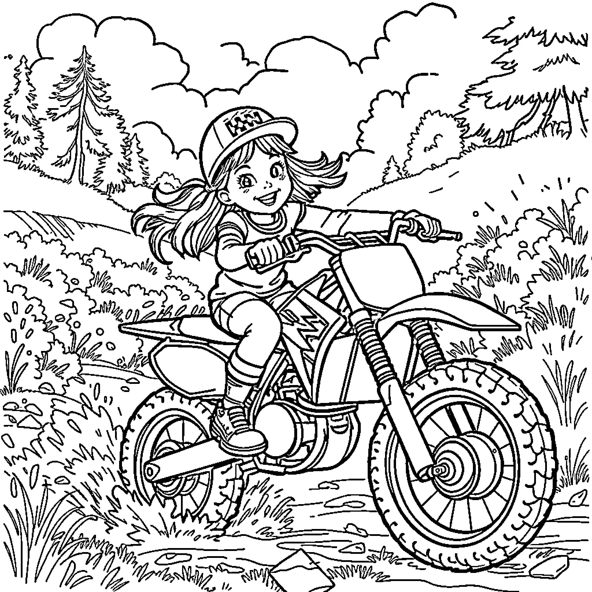 Dirt Bike Rider Exploring the Outdoors Coloring Page (free black-and-white line drawing printable PDF for all, from beginners to advanced learners, including children, teens, adults, and seniors)