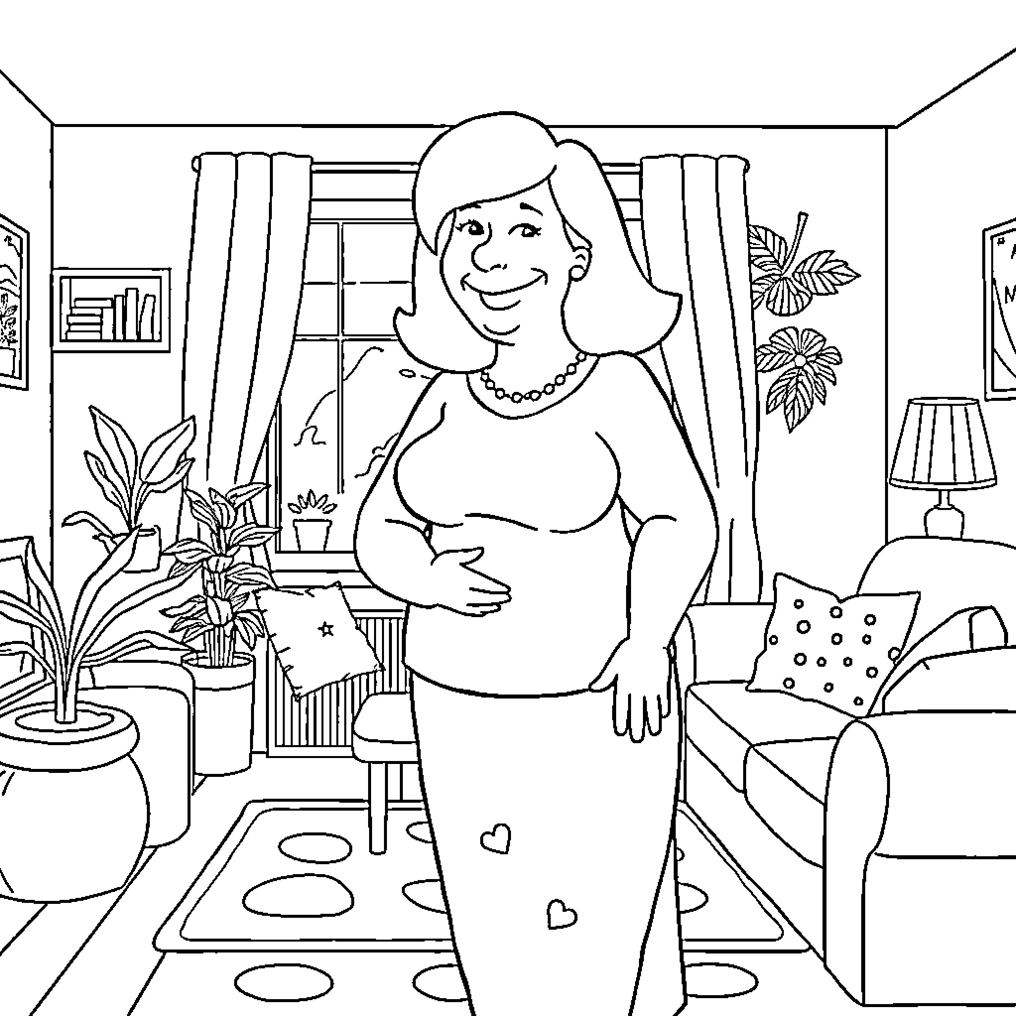 Lois Griffin relaxing at home in a cozy setting Coloring Page (free black-and-white line drawing printable PDF for all, from beginners to advanced learners, including children, teens, adults, and seniors)