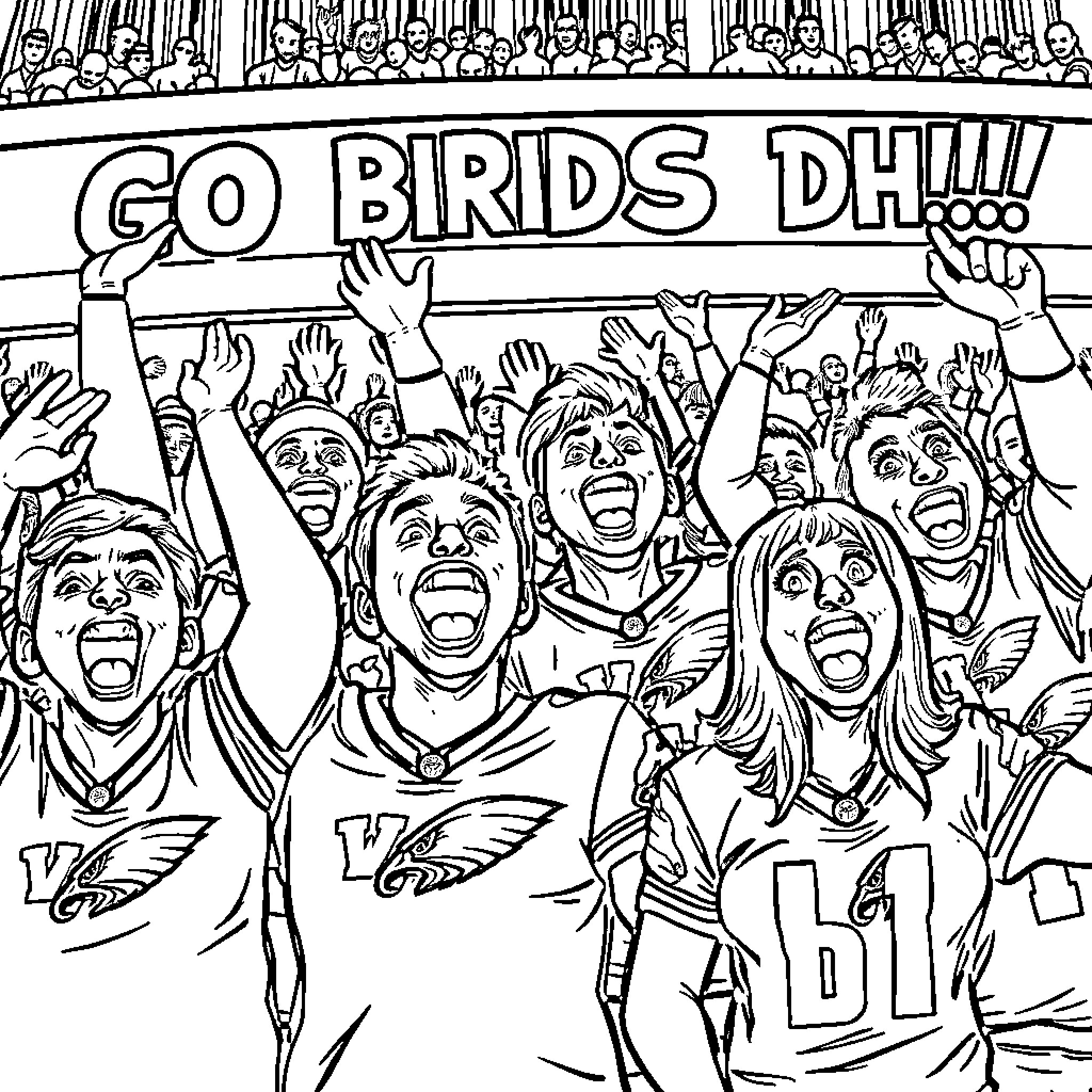 Eagle Fans Cheering Enthusiastically at the Game Coloring Page (free black-and-white line drawing printable PDF for all, from beginners to advanced learners, including children, teens, adults, and seniors)