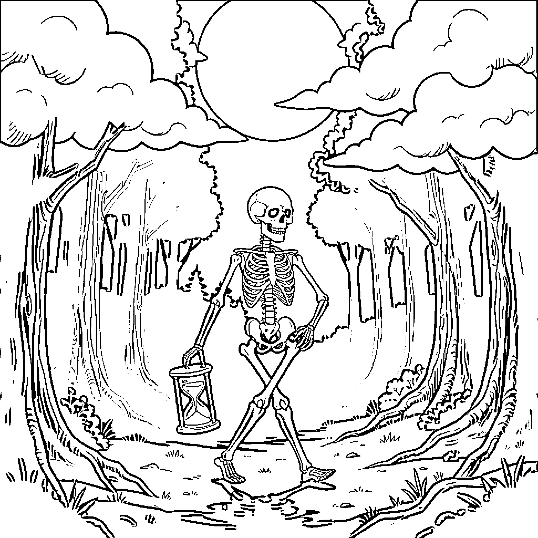 Skeleton exploring mysterious forest landscape Coloring Page (free black-and-white line drawing printable PDF for all, from beginners to advanced learners, including children, teens, adults, and seniors)