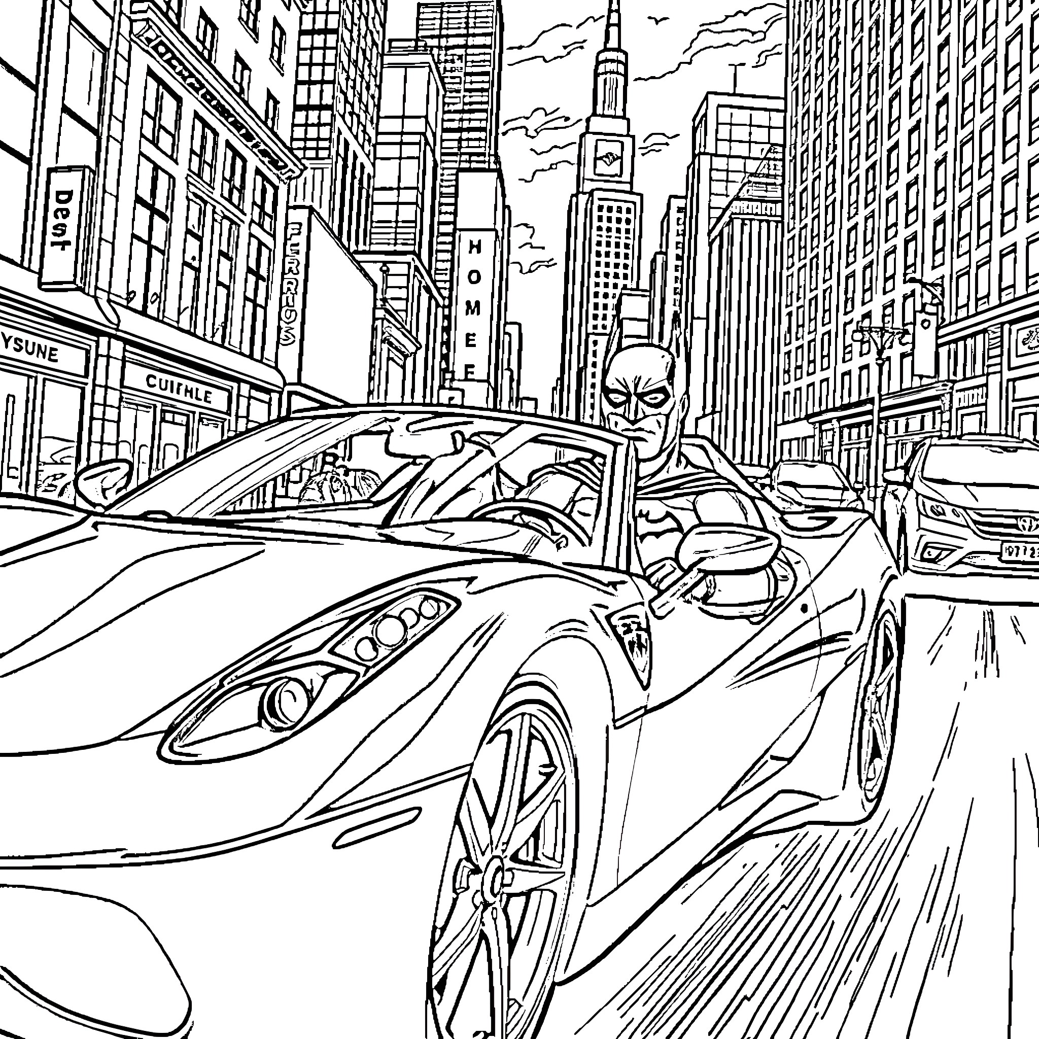 Batman racing through the city in his sports car Coloring Page (free black-and-white line drawing printable PDF for all, from beginners to advanced learners, including children, teens, adults, and seniors)