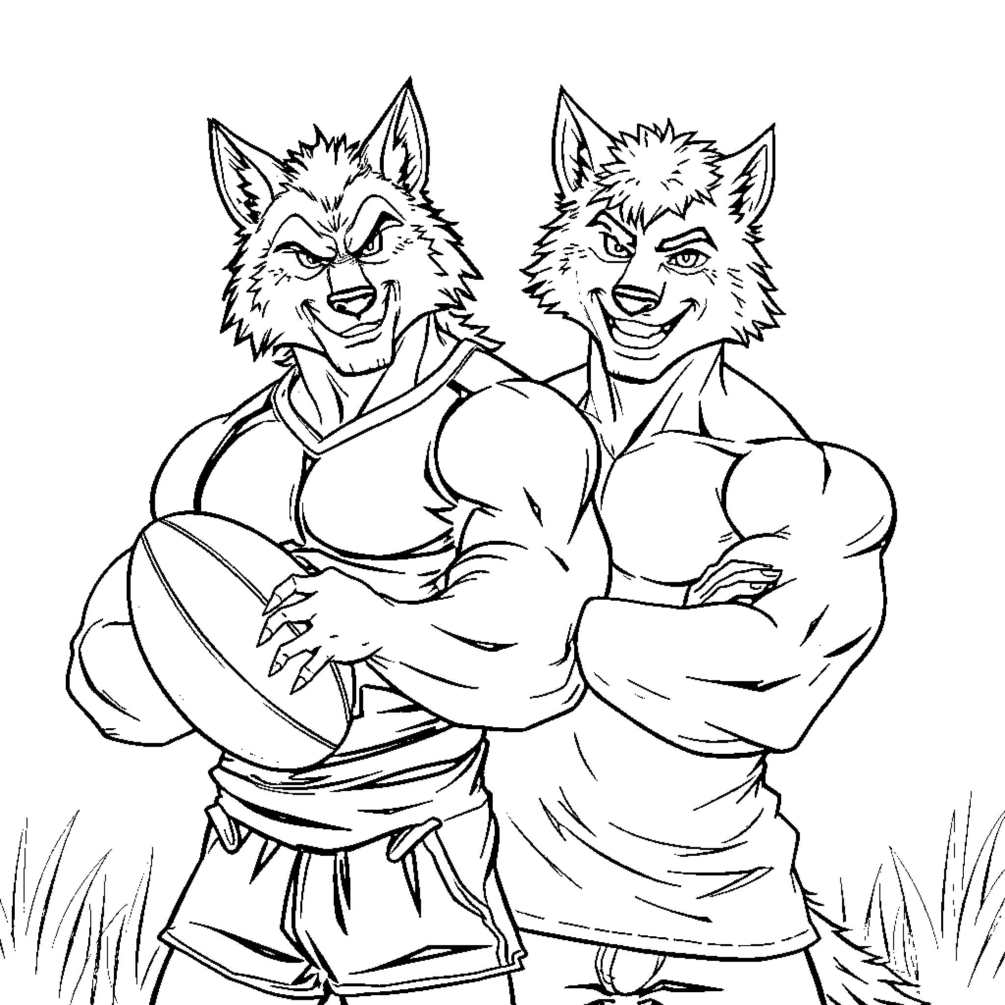Rugby Players Posing Confidently in Uniforms Coloring Page (free black-and-white line drawing printable PDF for all, from beginners to advanced learners, including children, teens, adults, and seniors)