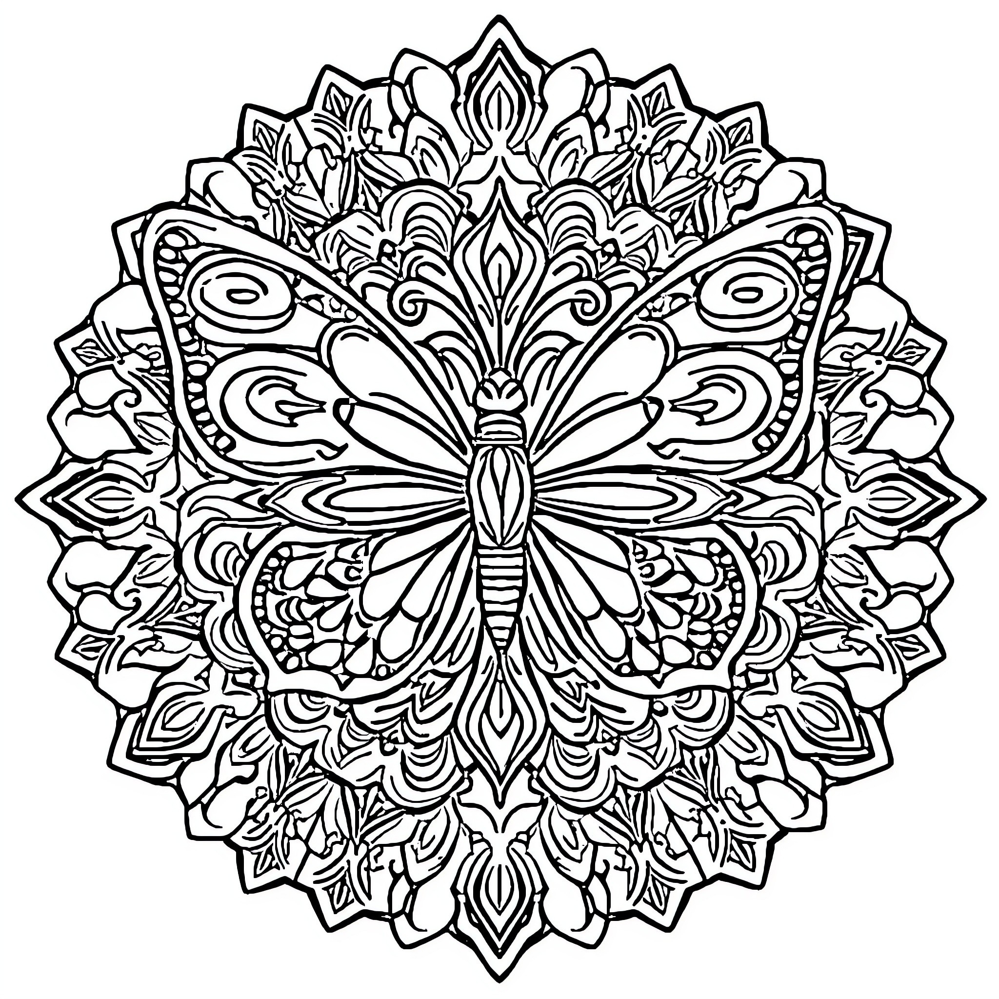Butterfly mandala with intricate floral patterns Coloring Page (free black-and-white line drawing printable PDF for all, from beginners to advanced learners, including children, teens, adults, and seniors)