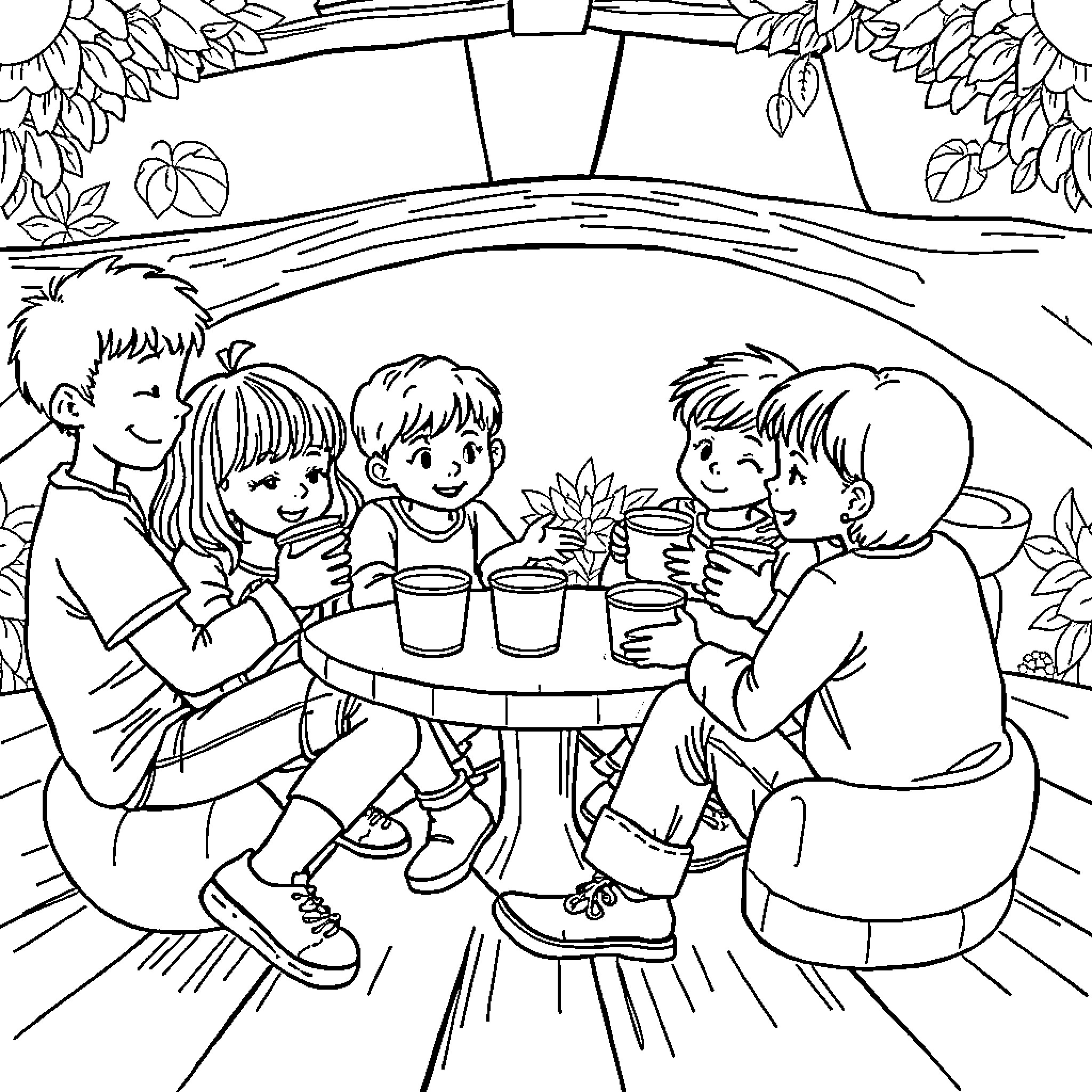 Children enjoying a picnic in the garden Coloring Page (free black-and-white line drawing printable PDF for all, from beginners to advanced learners, including children, teens, adults, and seniors)