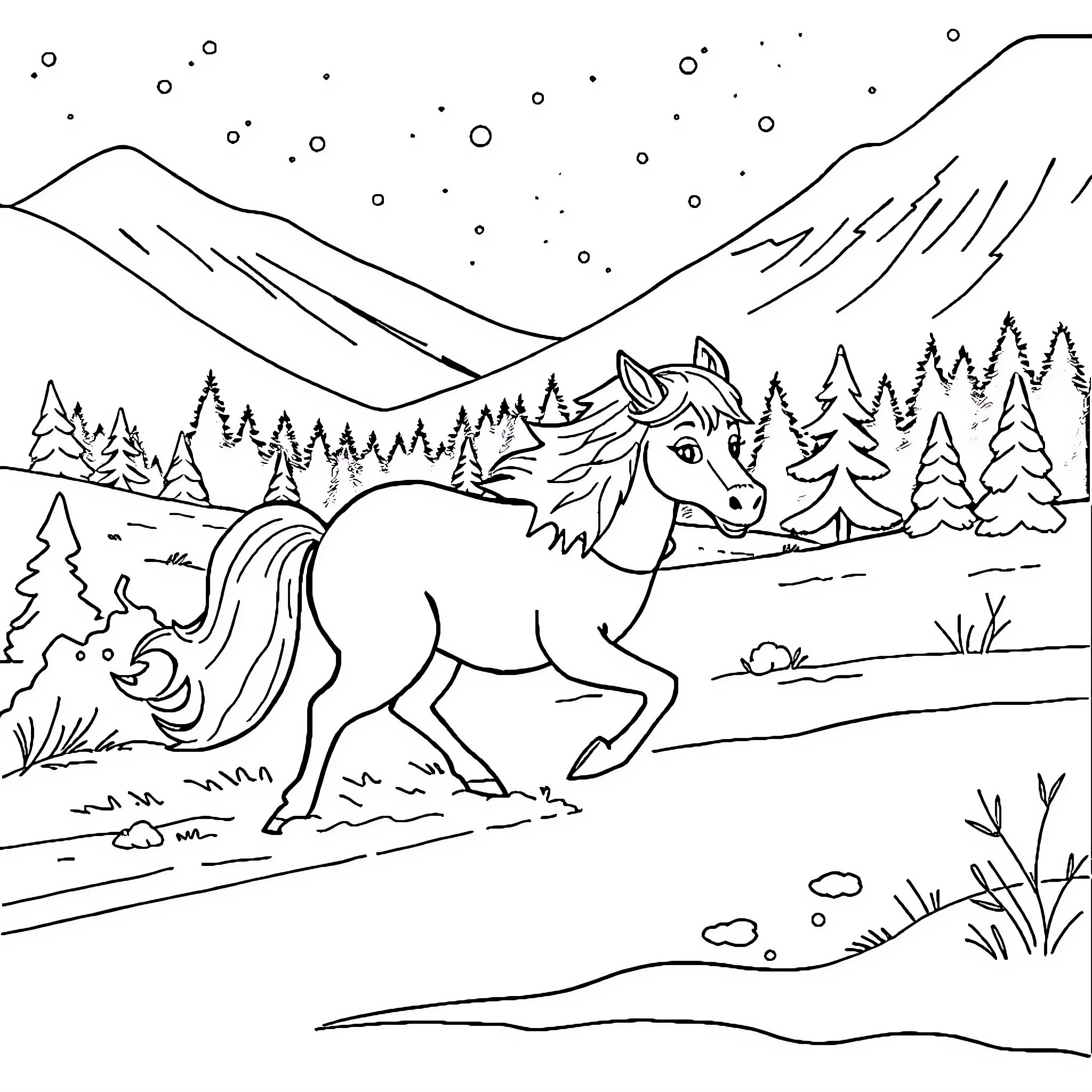 Reine des Neiges: Horses galloping through the snowy forest Coloring Page (free black-and-white line drawing printable PDF for all, from beginners to advanced learners, including children, teens, adults, and seniors)
