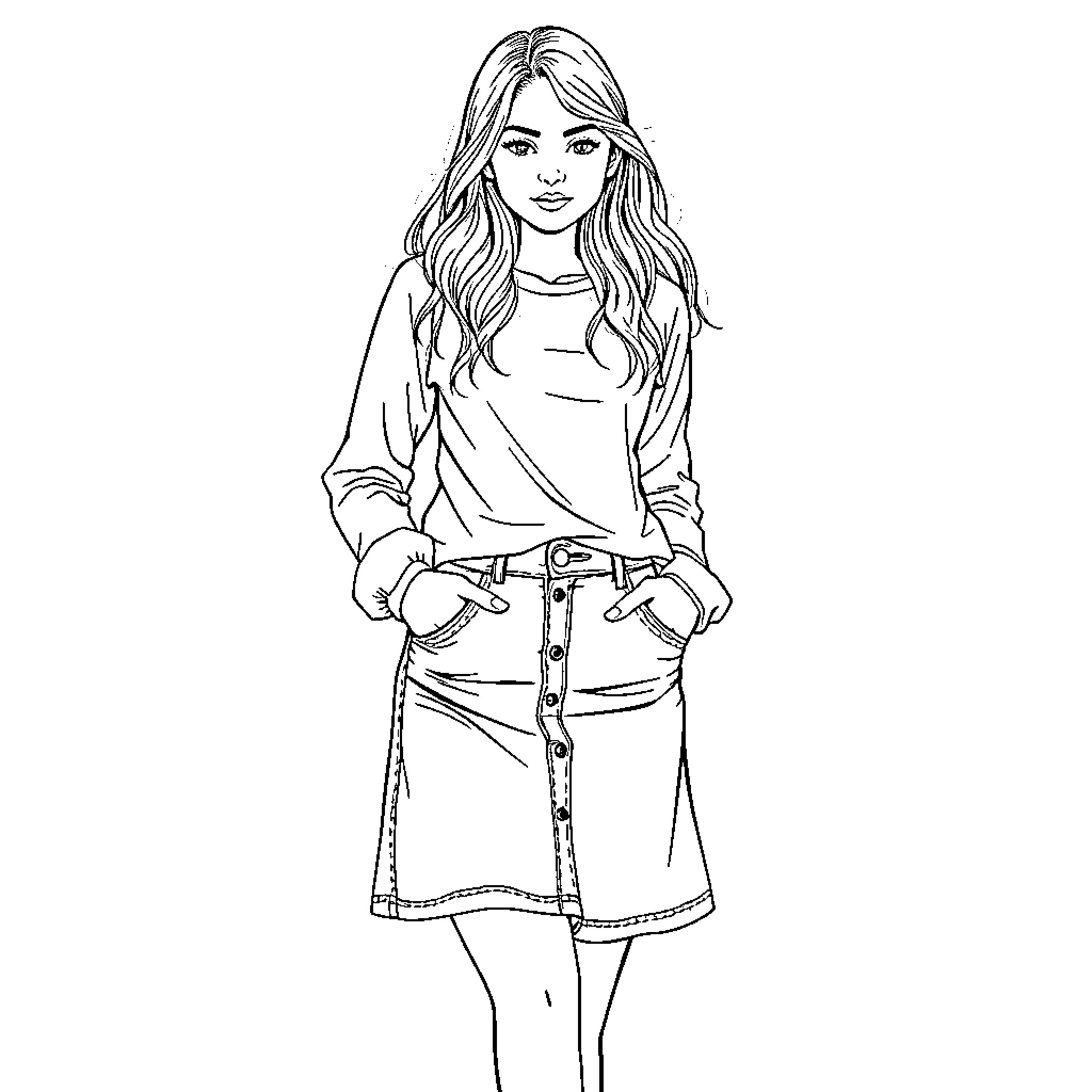 Wednesday's Casual Fashion Style Coloring Page (free black-and-white line drawing printable PDF for all, from beginners to advanced learners, including children, teens, adults, and seniors)