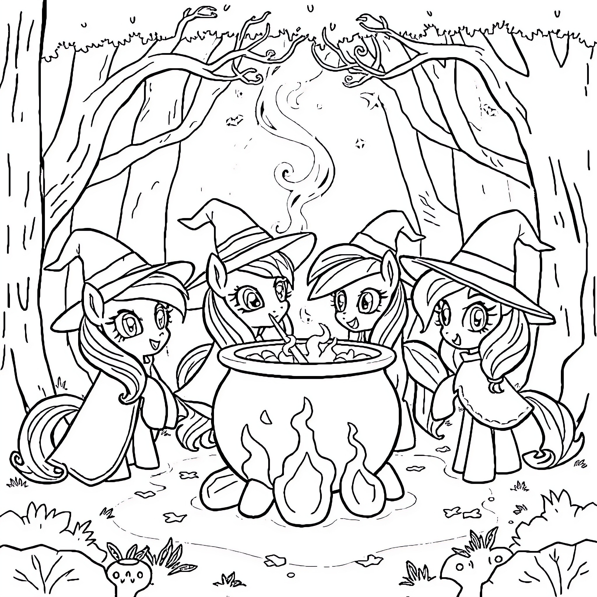 Pony Witches Brewing Magic Potion in the Forest Coloring Page (free black-and-white line drawing printable PDF for all, from beginners to advanced learners, including children, teens, adults, and seniors)