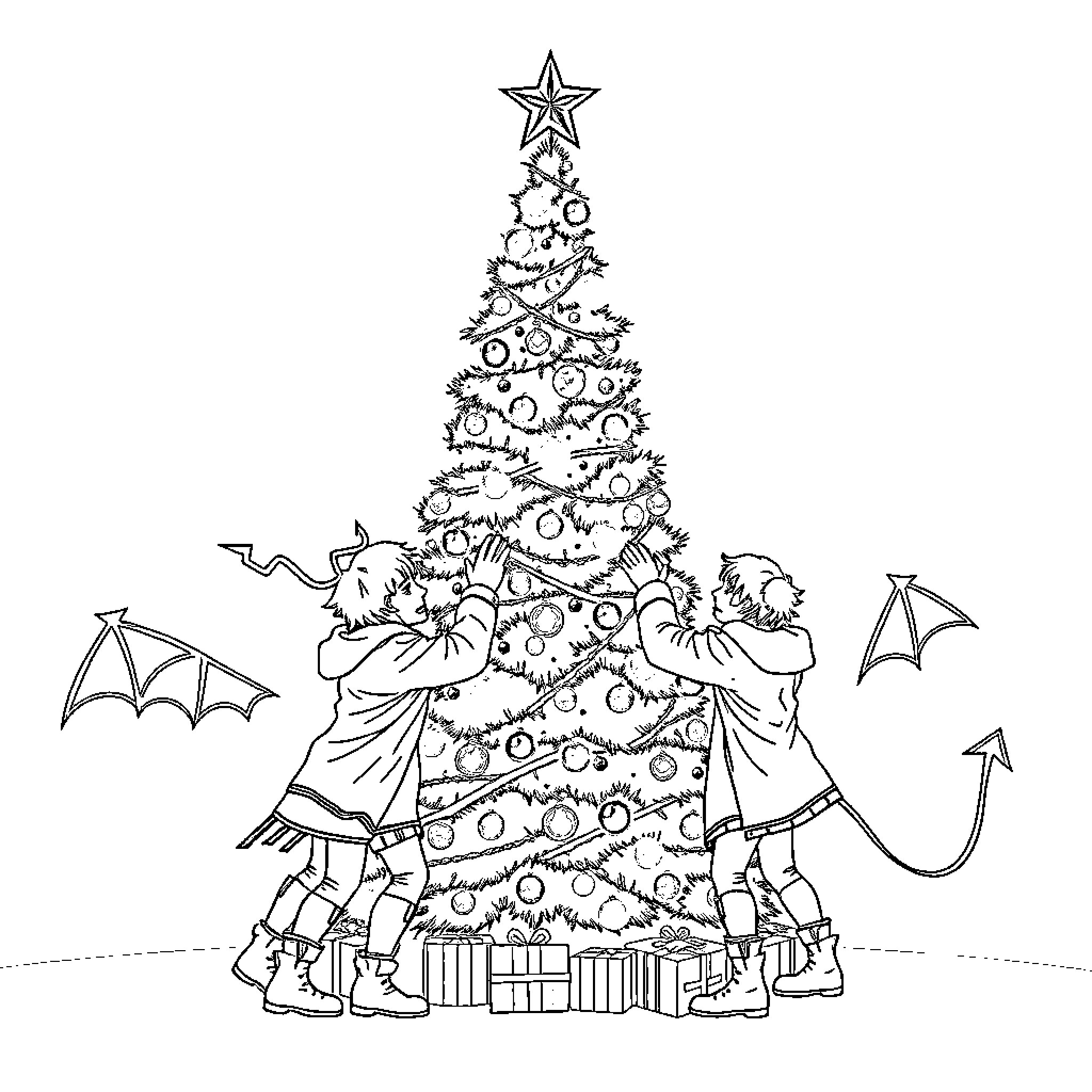 Demon Hunters Decorating Fearsome Christmas Tree Coloring Page (free black-and-white line drawing printable PDF for all, from beginners to advanced learners, including children, teens, adults, and seniors)