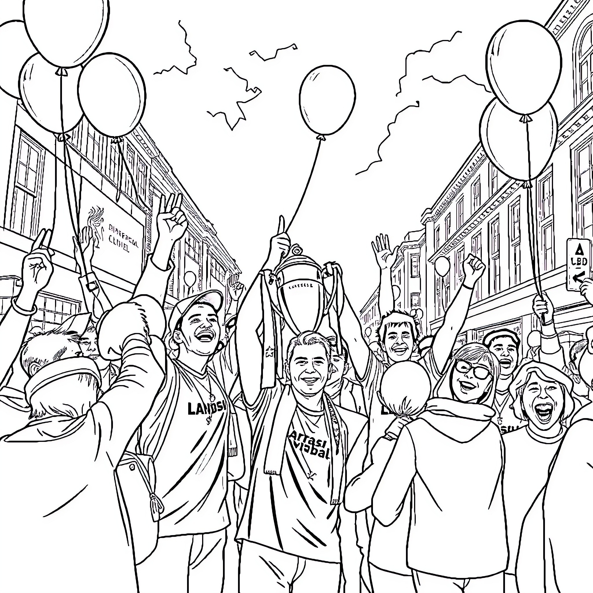 Liverpool Fans Celebrating Victory with Enthusiasm Coloring Page (free black-and-white line drawing printable PDF for all, from beginners to advanced learners, including children, teens, adults, and seniors)