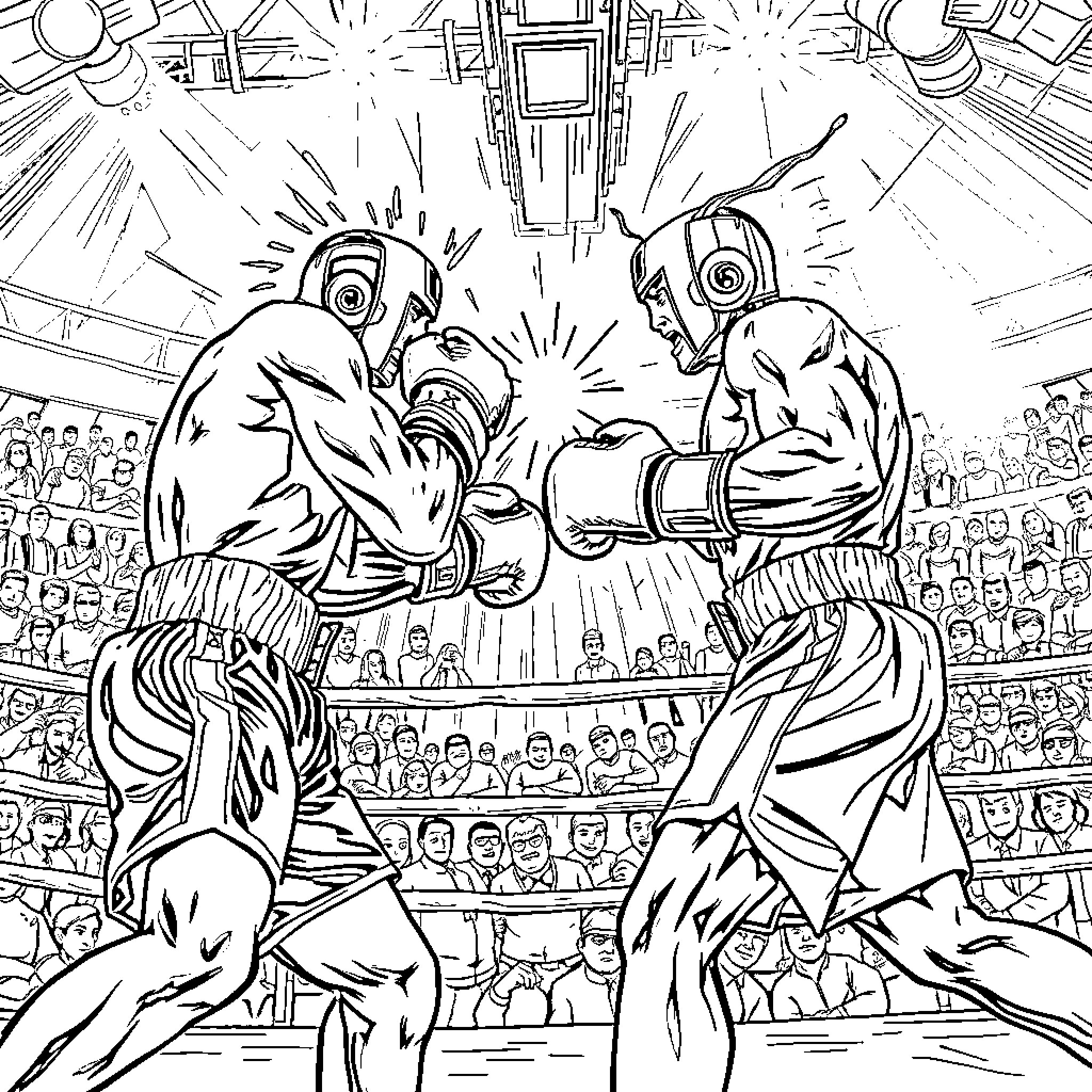 Champ Boxers Engaging in Fierce Bout Coloring Page (free black-and-white line drawing printable PDF for all, from beginners to advanced learners, including children, teens, adults, and seniors)