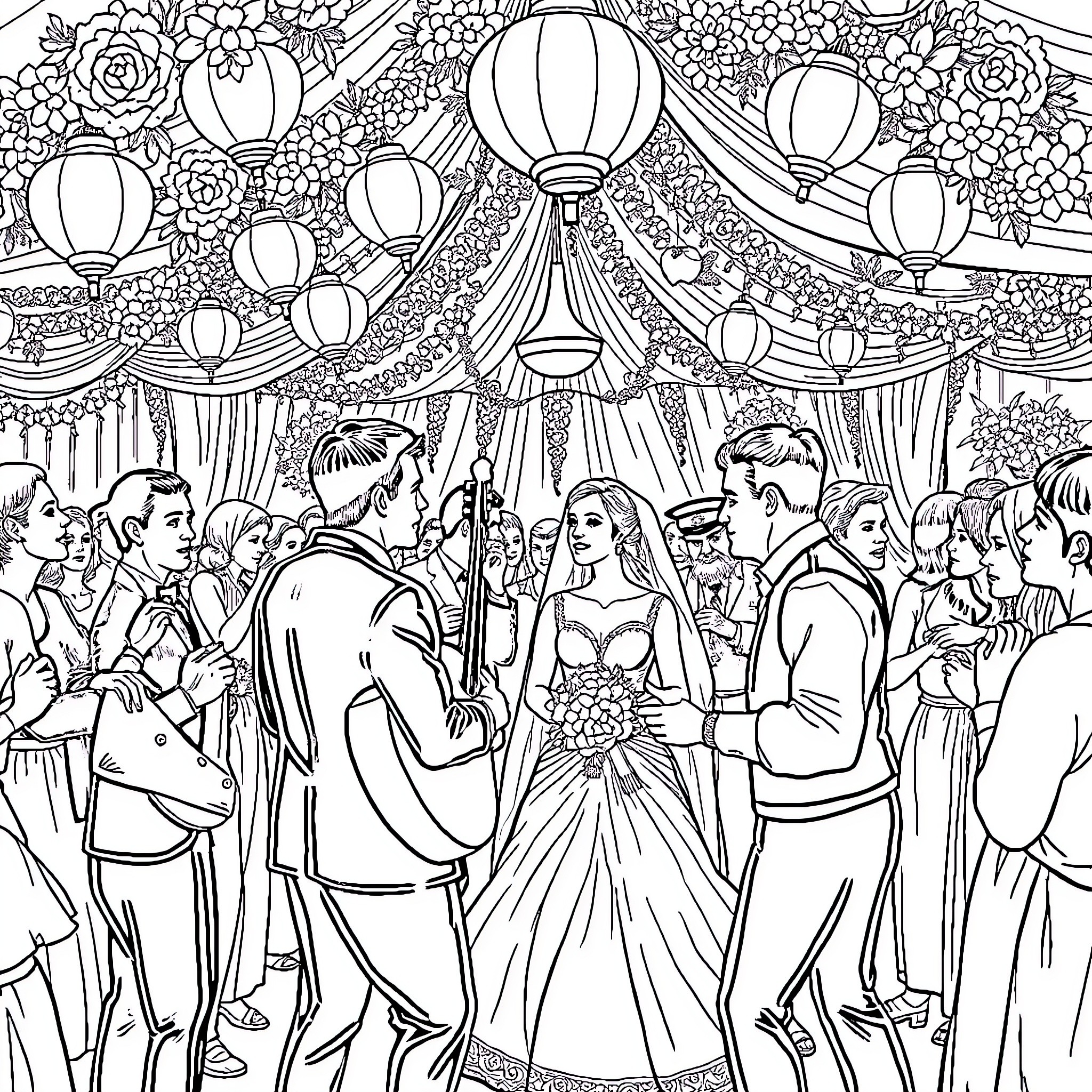 Turkey Wedding Celebration with Lanterns and Flowers Coloring Page (free black-and-white line drawing printable PDF for all, from beginners to advanced learners, including children, teens, adults, and seniors)