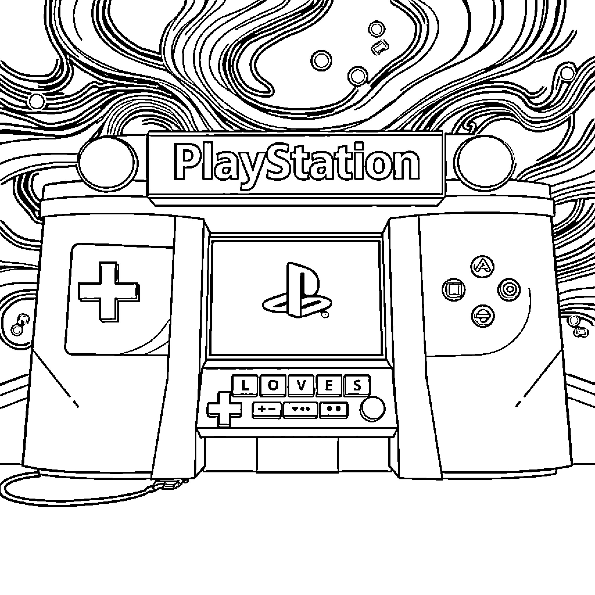 PlayStation gaming console with controller and accessories Coloring Page (free black-and-white line drawing printable PDF for all, from beginners to advanced learners, including children, teens, adults, and seniors)