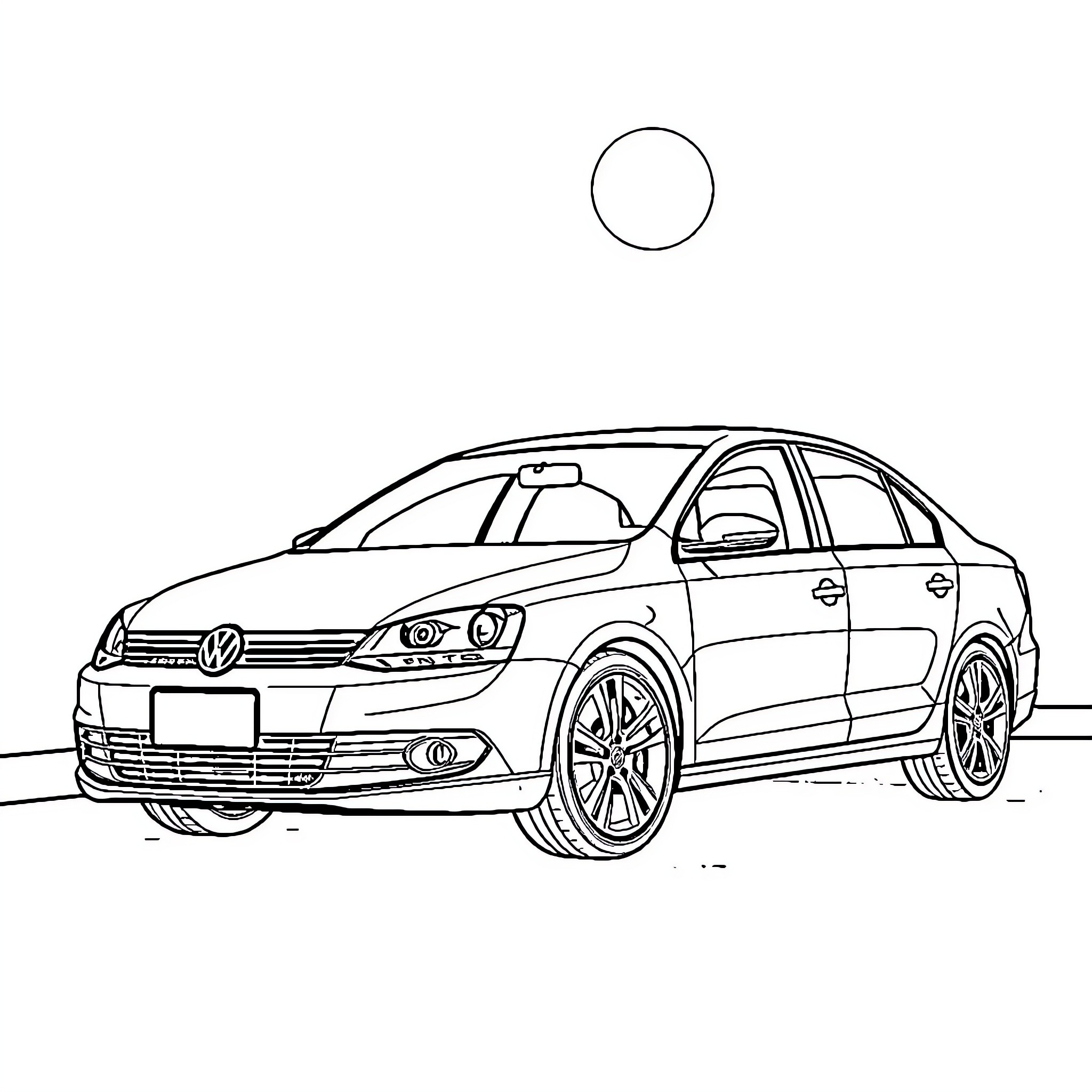VW Jetta in a simple outline sketch Coloring Page (free black-and-white line drawing printable PDF for all, from beginners to advanced learners, including children, teens, adults, and seniors)