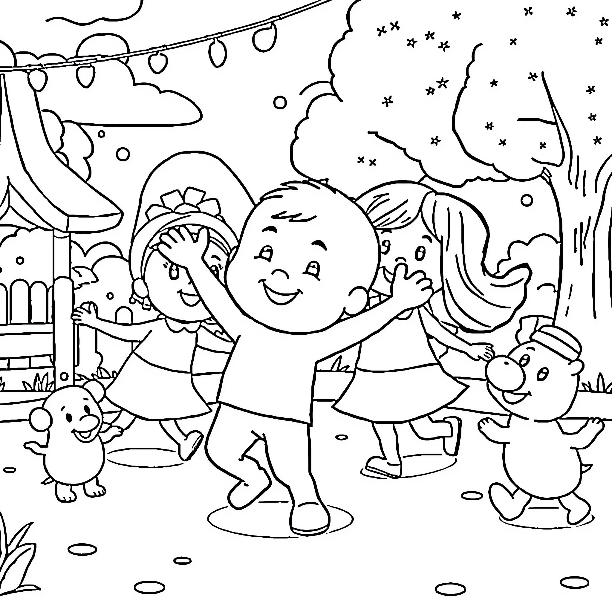 Pocoyo and friends celebrating in a winter wonderland Coloring Page (free black-and-white line drawing printable PDF for all, from beginners to advanced learners, including children, teens, adults, and seniors)