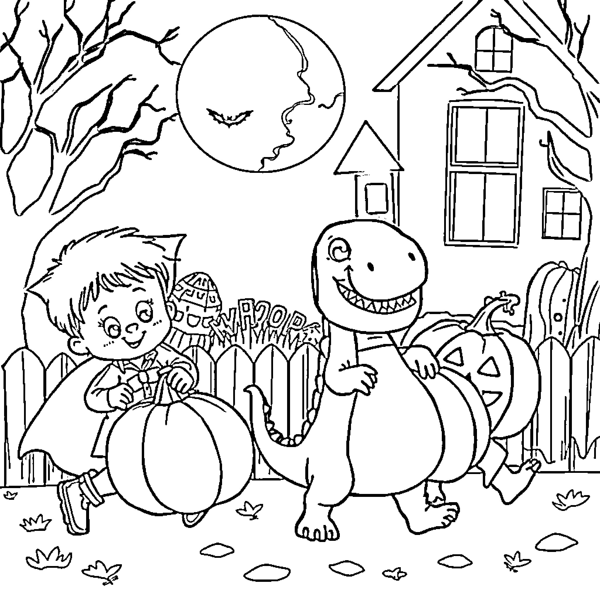 Vampire Boy and Dinosaur Trick-or-Treating Coloring Page (free black-and-white line drawing printable PDF for all, from beginners to advanced learners, including children, teens, adults, and seniors)