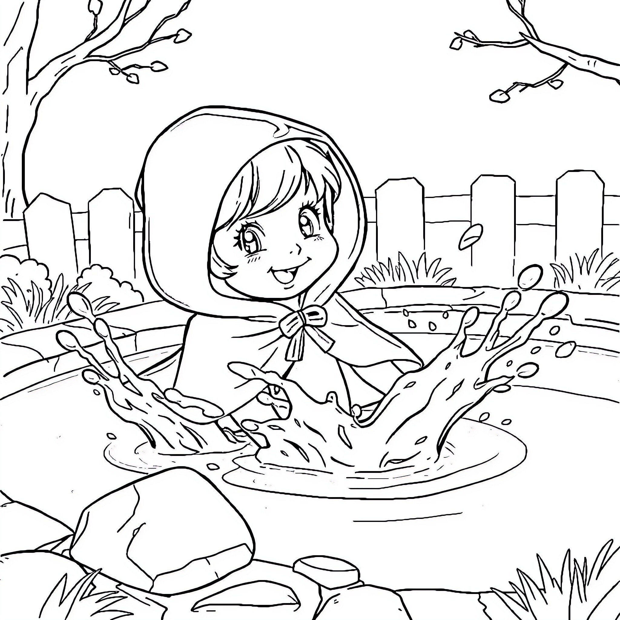 Little Red Riding Hood splashing in a puddle Coloring Page (free black-and-white line drawing printable PDF for all, from beginners to advanced learners, including children, teens, adults, and seniors)