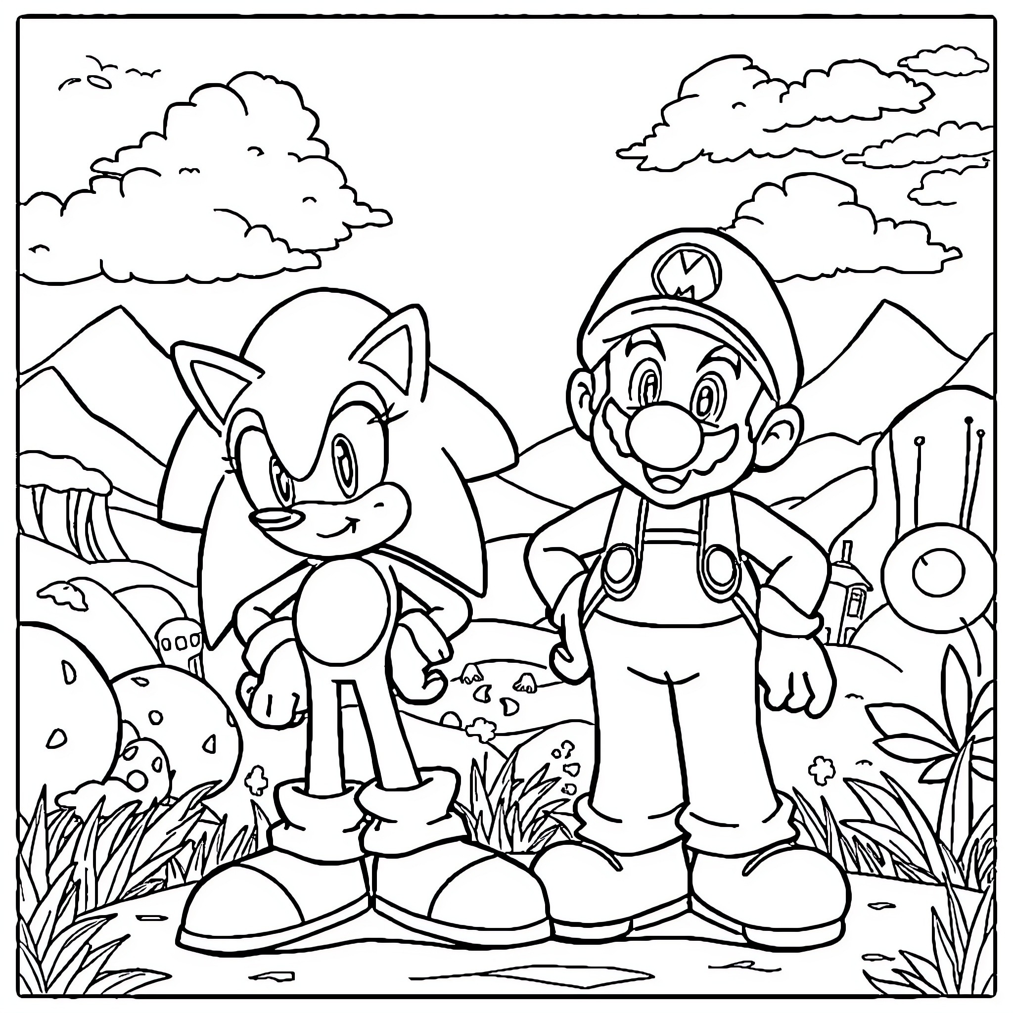 Sonic and Mario's Adventure in the Mountains Coloring Page (free black-and-white line drawing printable PDF for all, from beginners to advanced learners, including children, teens, adults, and seniors)