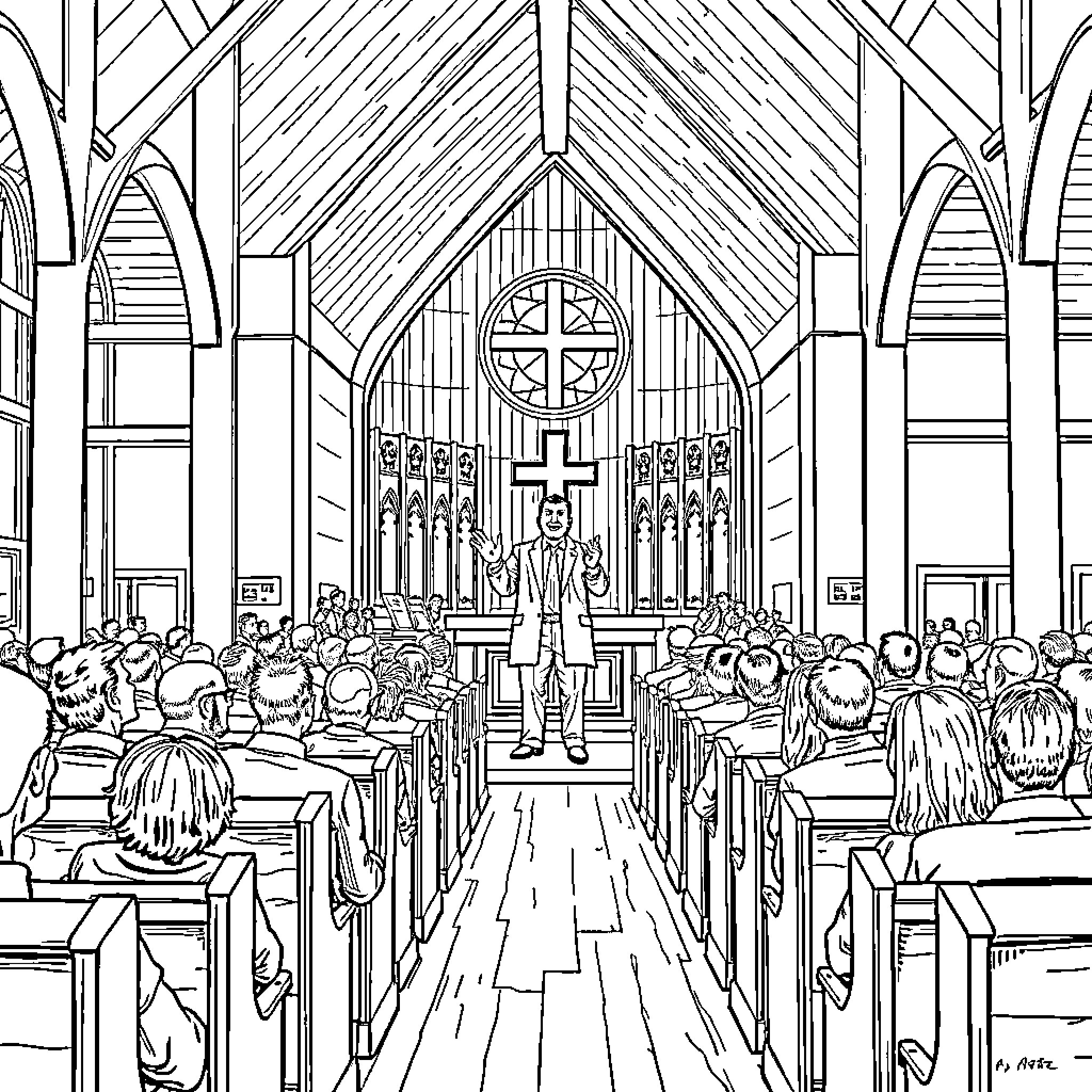 Man speaking in front of congregation in church Coloring Page (free black-and-white line drawing printable PDF for all, from beginners to advanced learners, including children, teens, adults, and seniors)