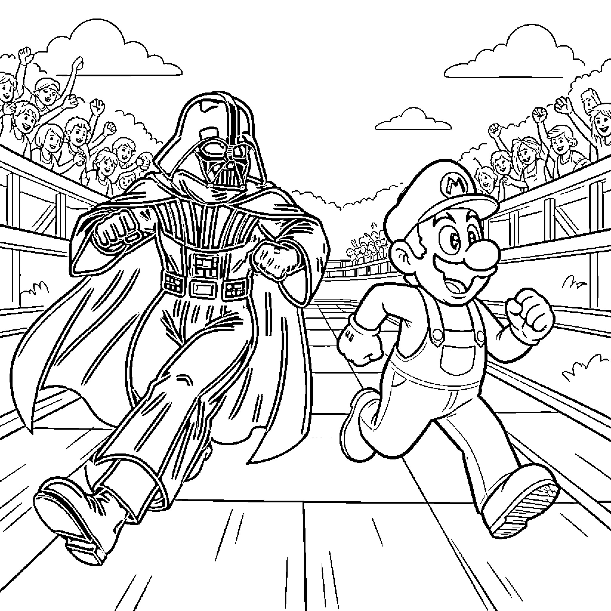 Dark Vader battles Mario in epic stadium showdown Coloring Page (free black-and-white line drawing printable PDF for all, from beginners to advanced learners, including children, teens, adults, and seniors)
