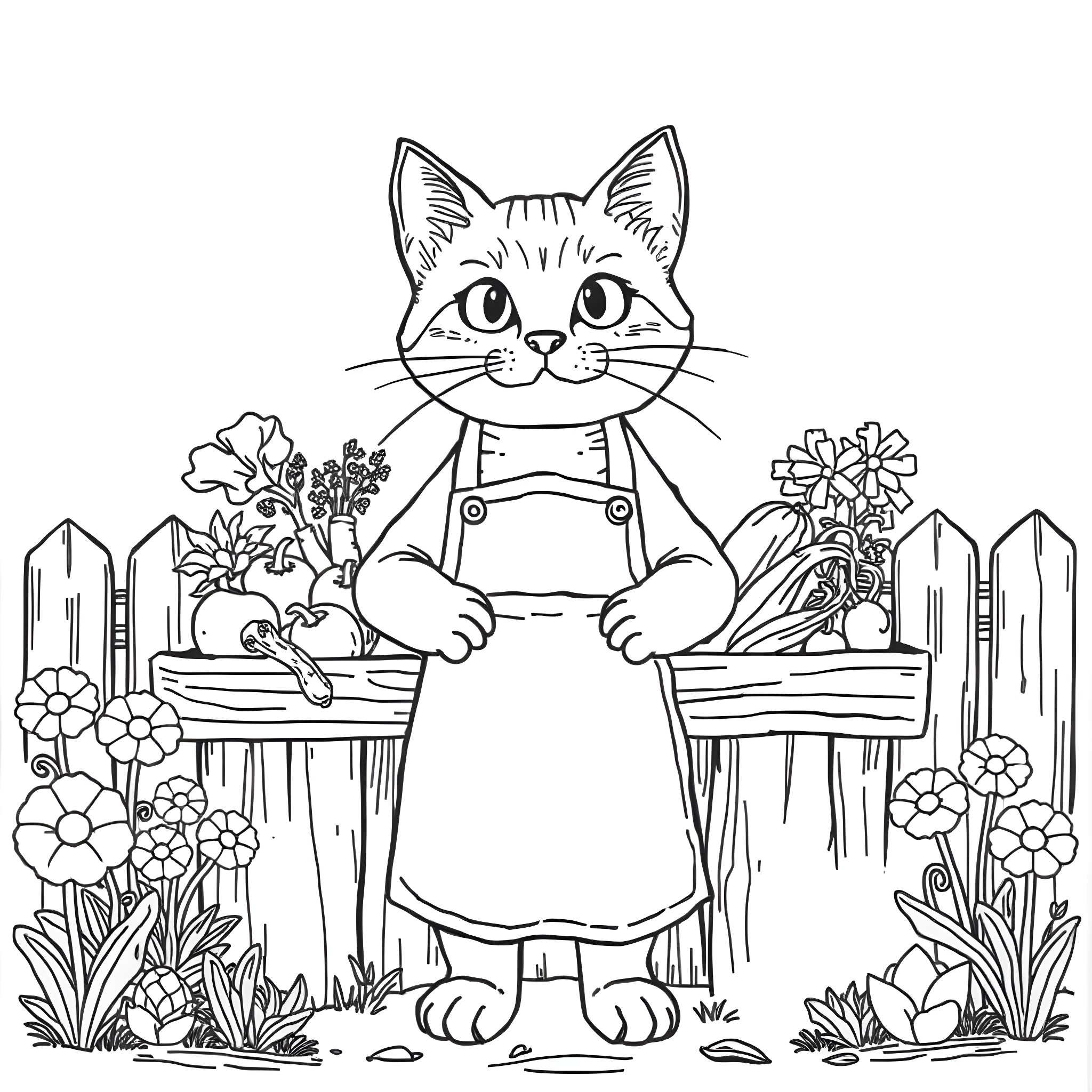 Cat gardening with flowers in the backyard Coloring Page (free black-and-white line drawing printable PDF for all, from beginners to advanced learners, including children, teens, adults, and seniors)