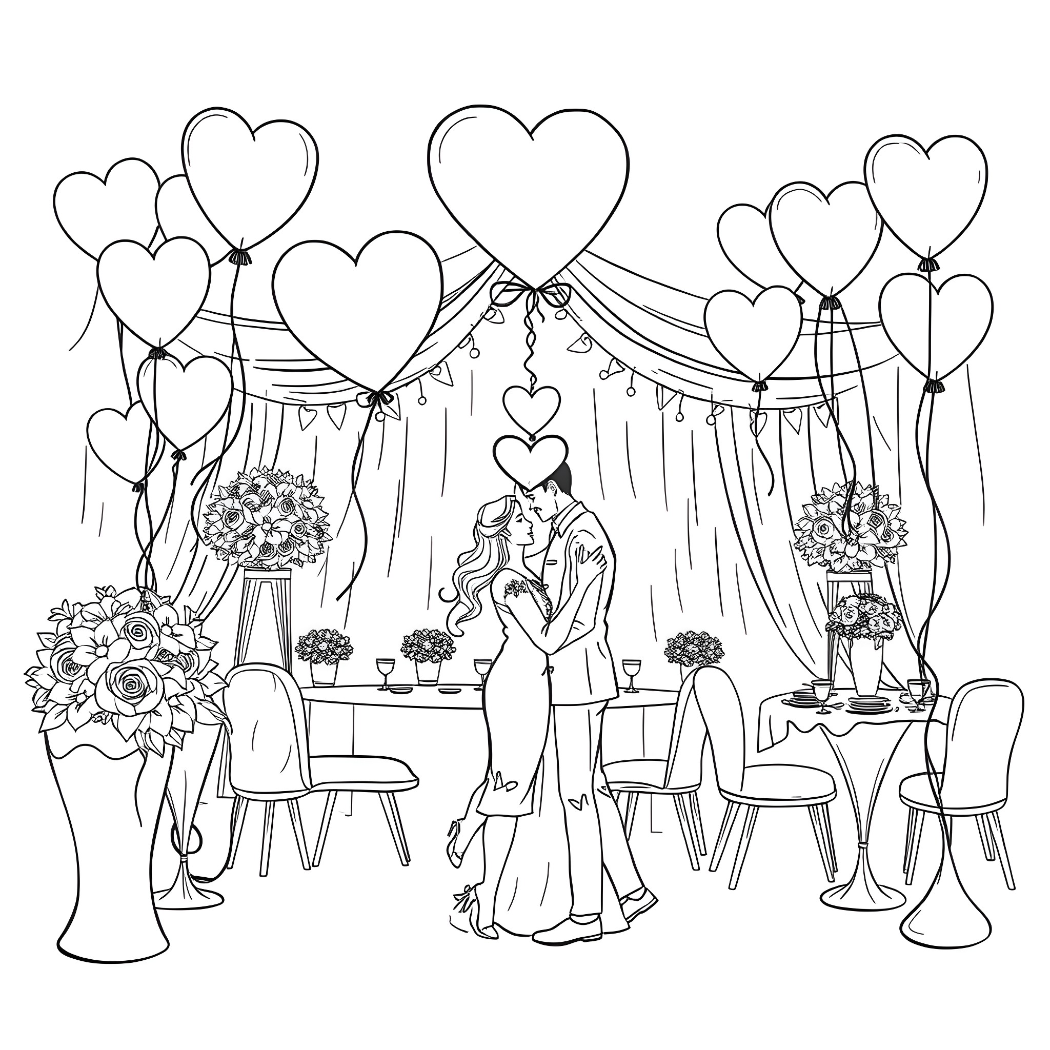 Valentine's Day Romantic Couple Celebration Coloring Page (free black-and-white line drawing printable PDF for all, from beginners to advanced learners, including children, teens, adults, and seniors)