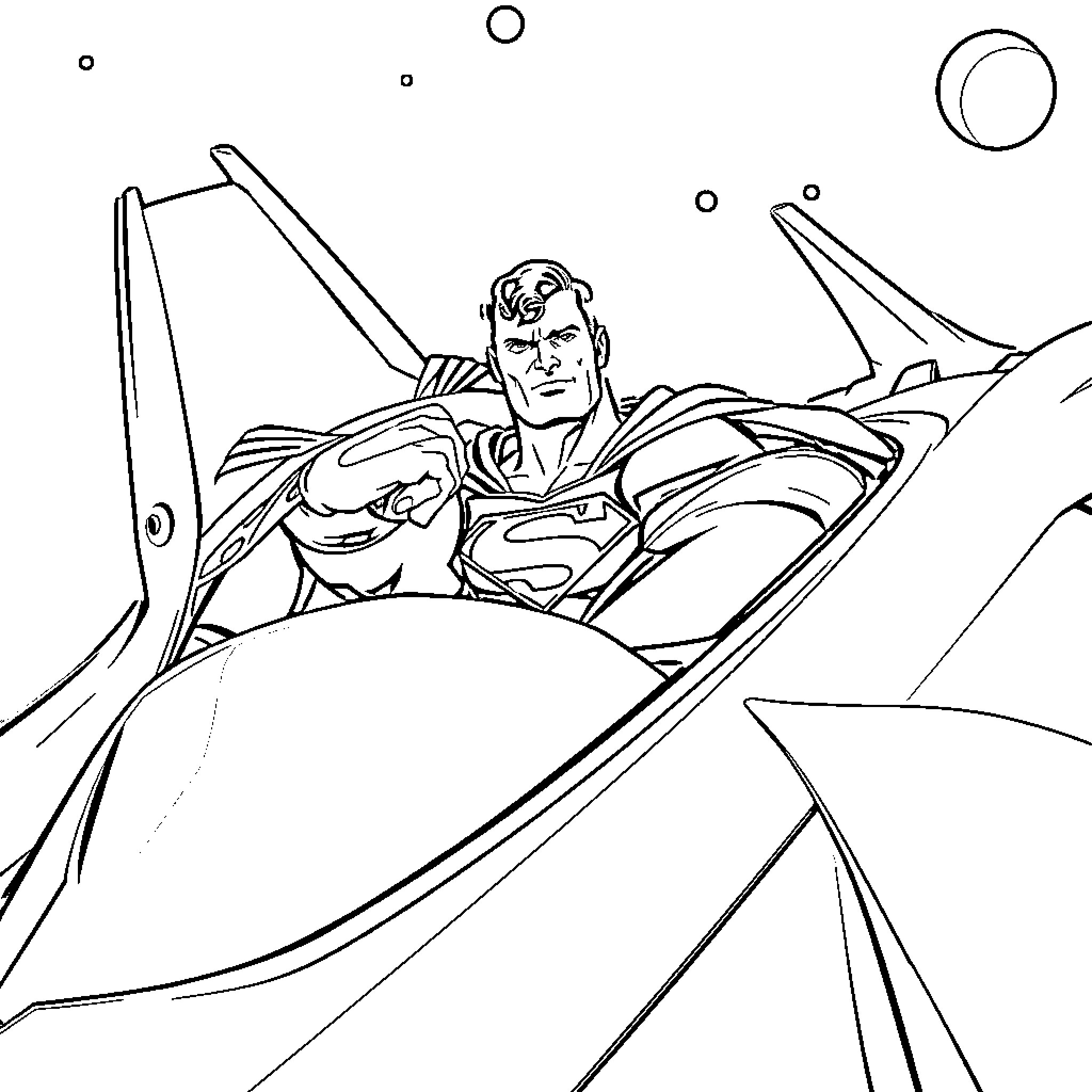 Superman flying in a futuristic spacecraft Coloring Page (free black-and-white line drawing printable PDF for all, from beginners to advanced learners, including children, teens, adults, and seniors)
