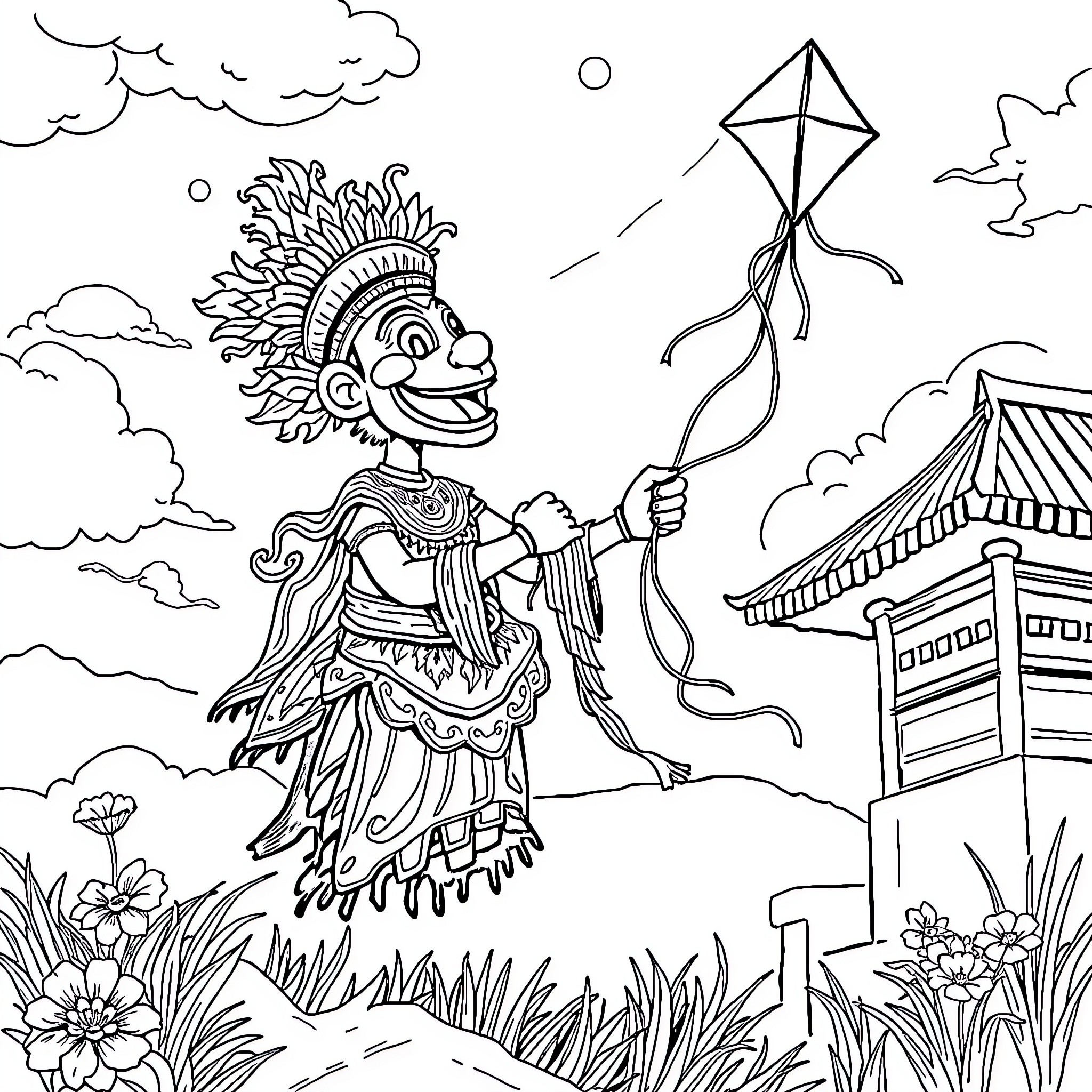Ogoh Ogoh - Ceremonial Figure with Kite Coloring Page (free black-and-white line drawing printable PDF for all, from beginners to advanced learners, including children, teens, adults, and seniors)