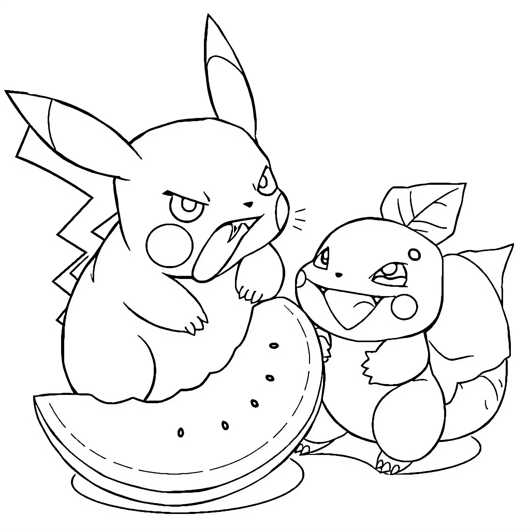 Pikachu and Squirtle playing together Coloring Page (free black-and-white line drawing printable PDF for all, from beginners to advanced learners, including children, teens, adults, and seniors)