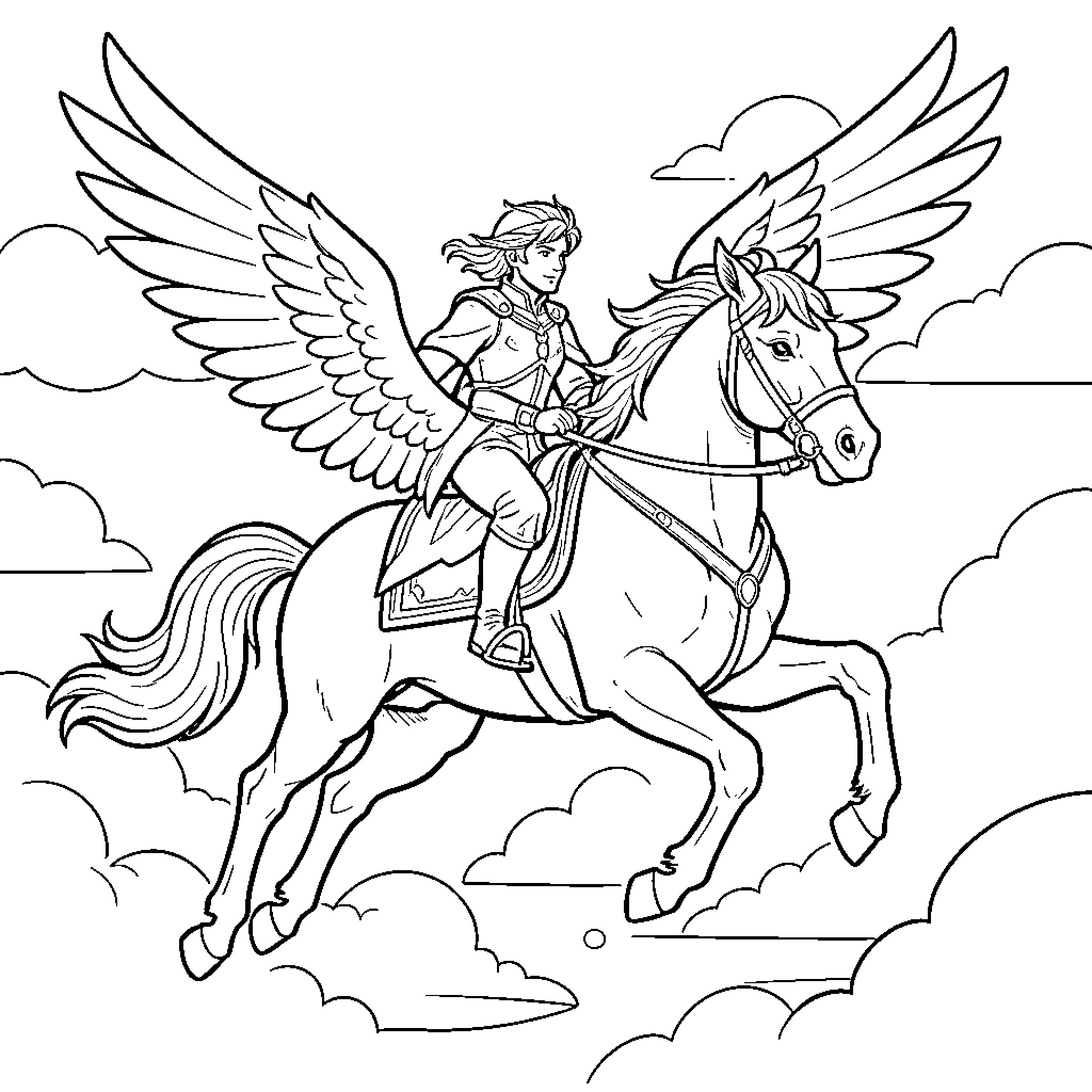Pegasus being ridden by a brave knight through clouds Coloring Page (free black-and-white line drawing printable PDF for all, from beginners to advanced learners, including children, teens, adults, and seniors)