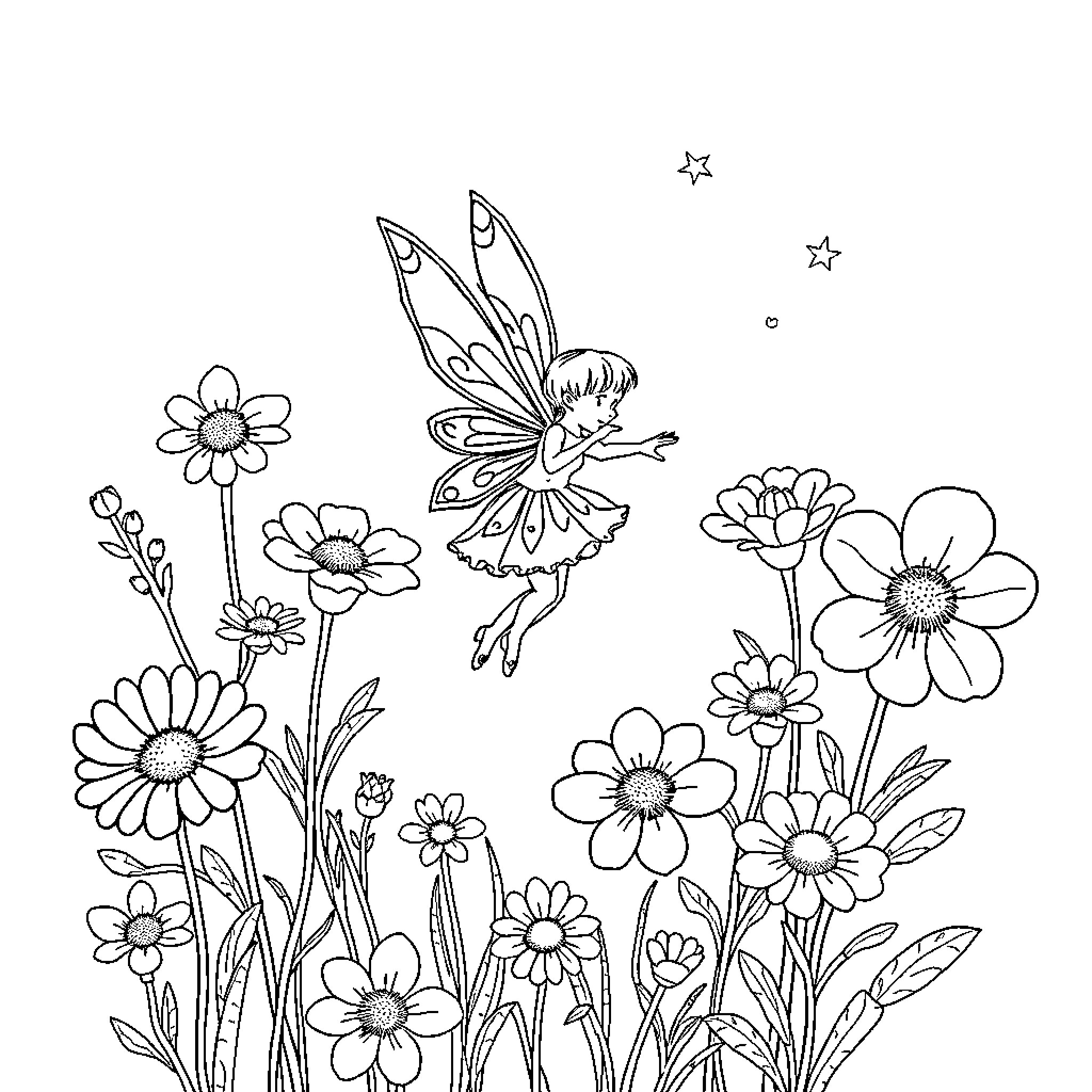 Fairy dancing among the flowers in the night Coloring Page (free black-and-white line drawing printable PDF for all, from beginners to advanced learners, including children, teens, adults, and seniors)