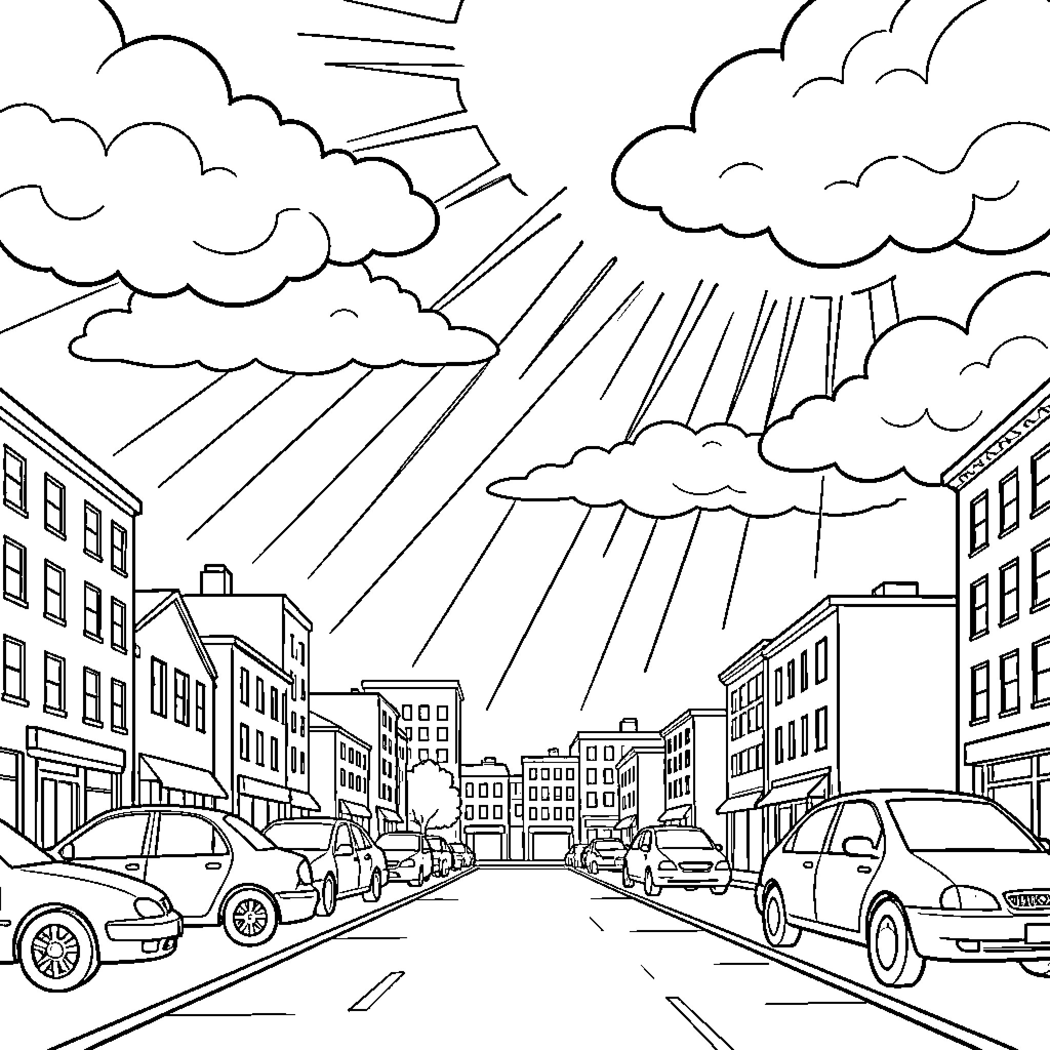 Cloud filled sky over a busy city street Coloring Page (free black-and-white line drawing printable PDF for all, from beginners to advanced learners, including children, teens, adults, and seniors)