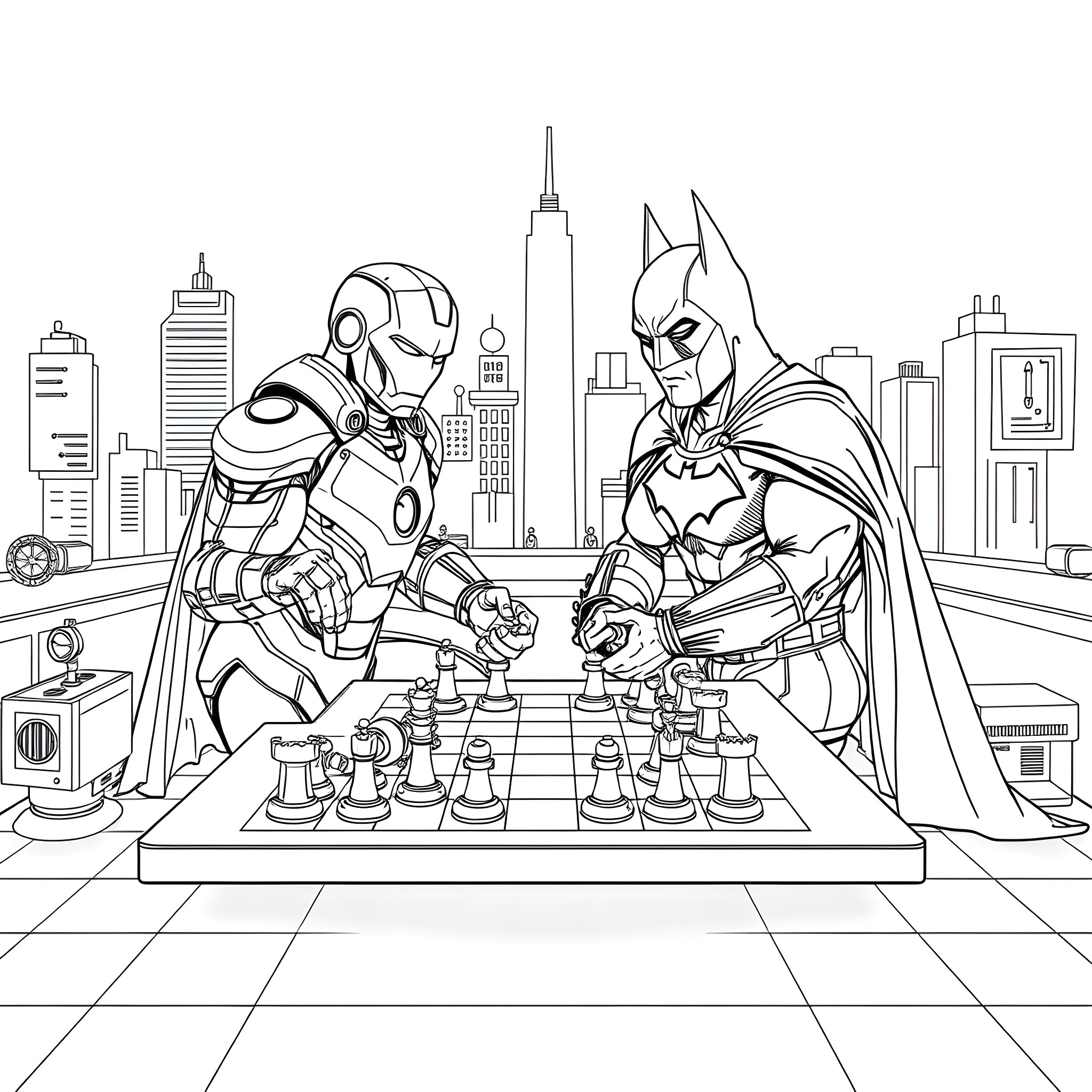 Ironman and Batman play chess in the city Coloring Page (free black-and-white line drawing printable PDF for all, from beginners to advanced learners, including children, teens, adults, and seniors)