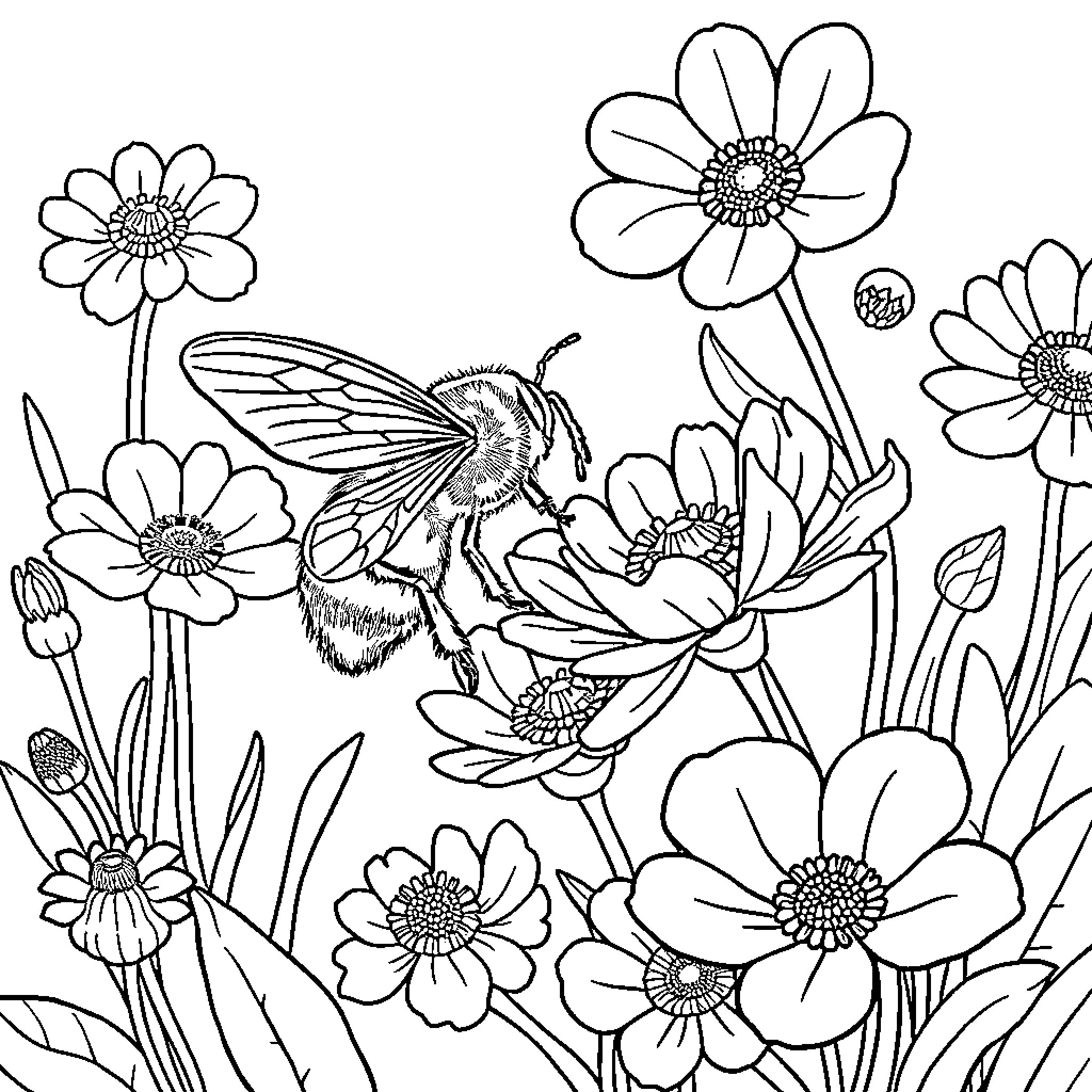 Bee pollinating flowers in a garden Coloring Page (free black-and-white line drawing printable PDF for all, from beginners to advanced learners, including children, teens, adults, and seniors)