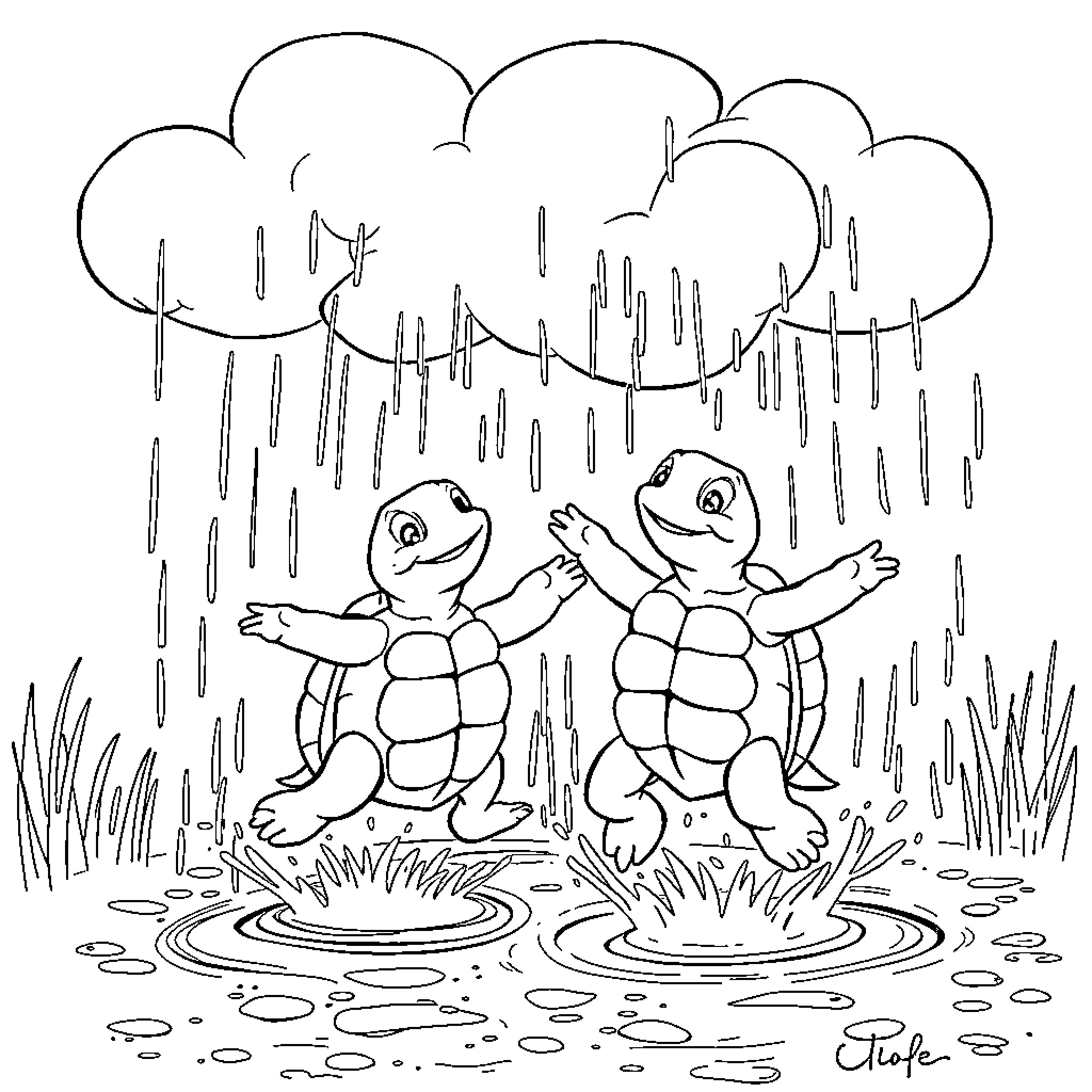 Turtles dancing in the rain Coloring Page (free black-and-white line drawing printable PDF for all, from beginners to advanced learners, including children, teens, adults, and seniors)