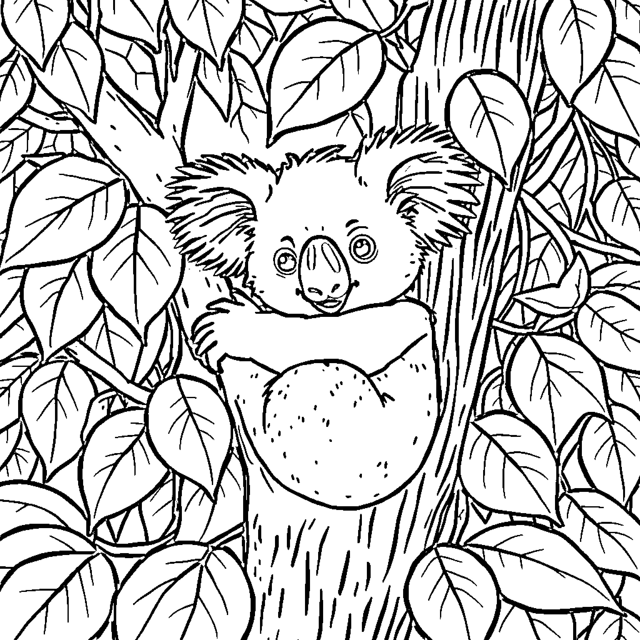 Koala resting in the lush tropical foliage Coloring Page (free black-and-white line drawing printable PDF for all, from beginners to advanced learners, including children, teens, adults, and seniors)