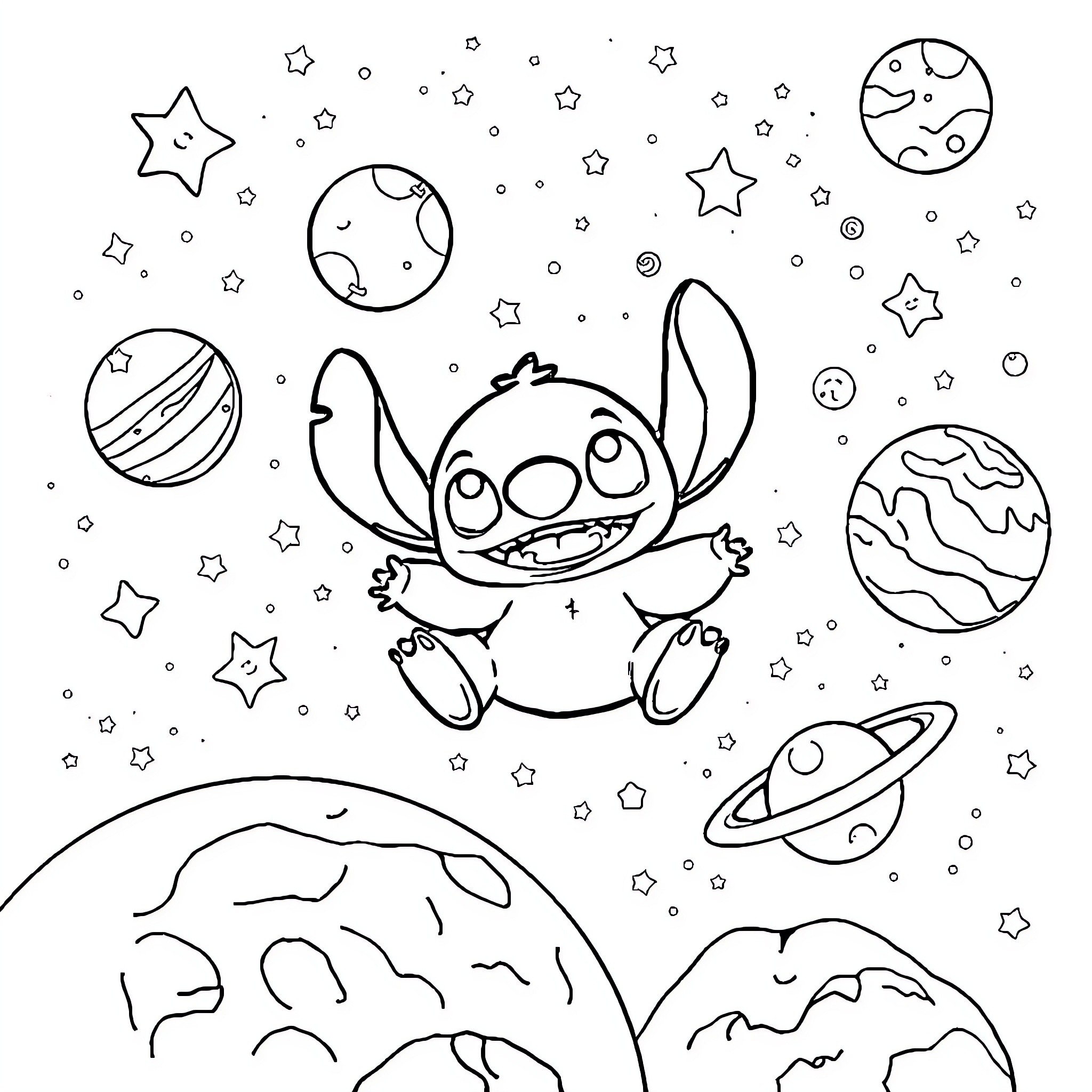 Stitch exploring the cosmic universe Coloring Page (free black-and-white line drawing printable PDF for all, from beginners to advanced learners, including children, teens, adults, and seniors)